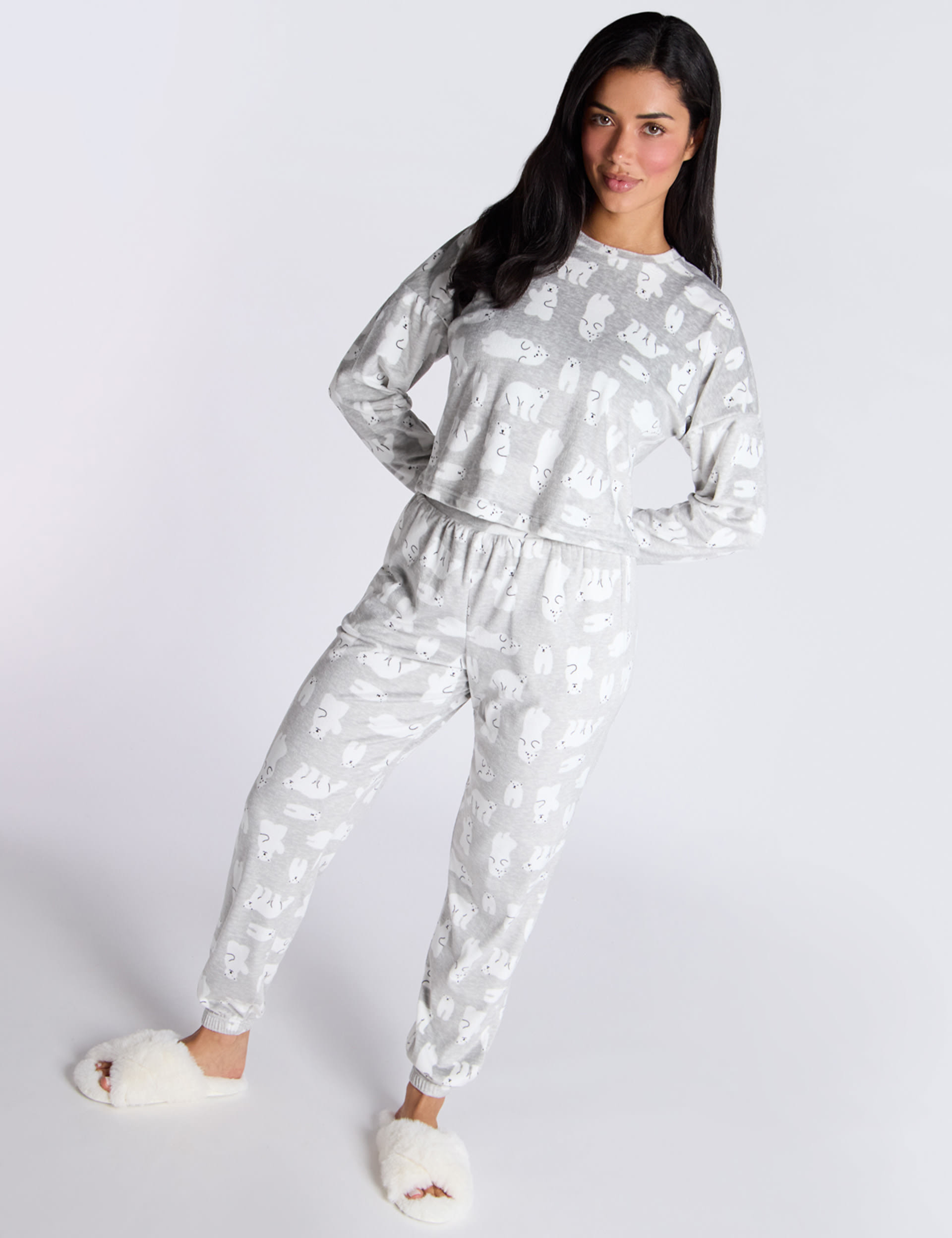 Boux Avenue Women's Velour Polar Bear Print Pyjama Set - 10 - Grey Mix, Grey Mix