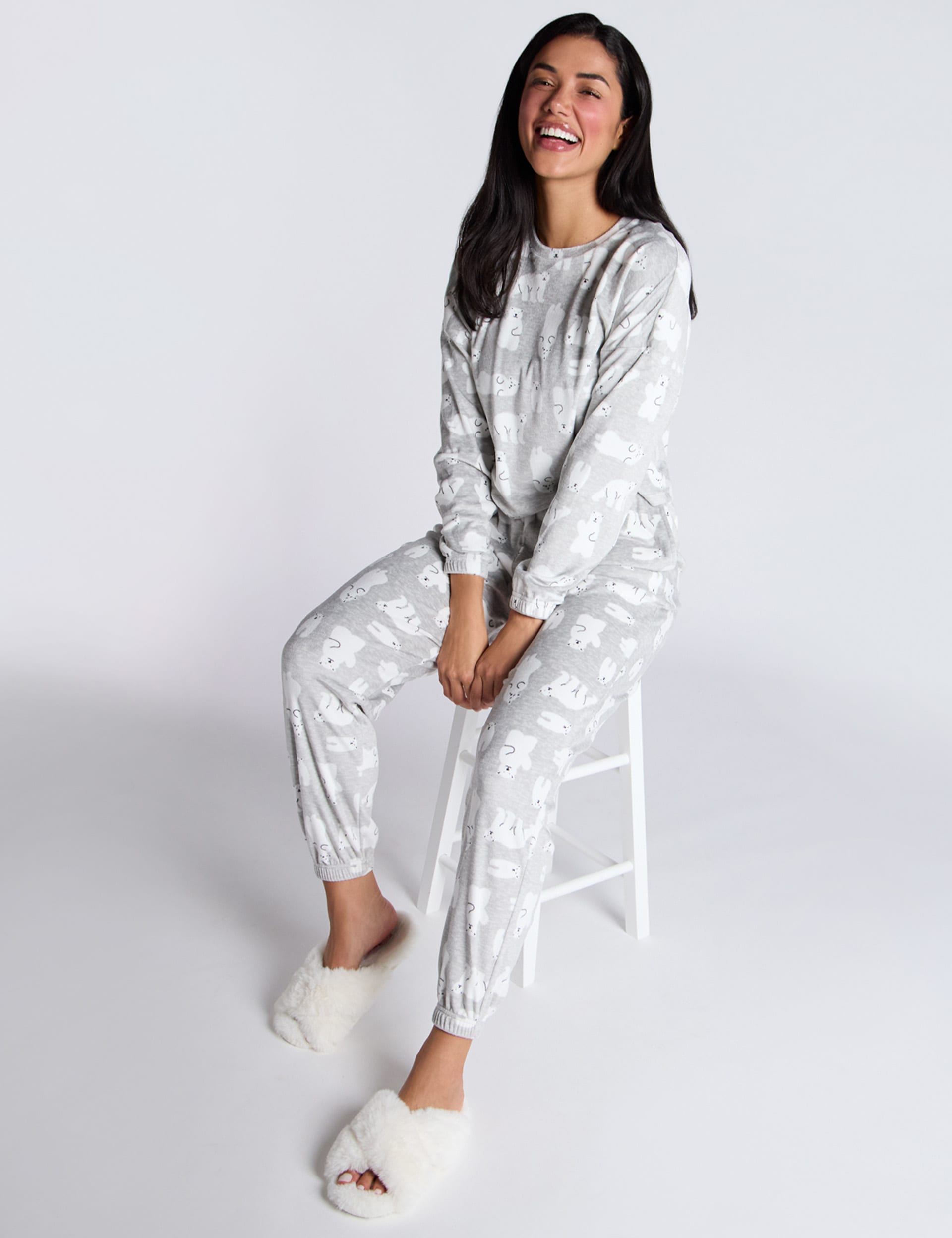 Boux Avenue Women's Velour Polar Bear Print Pyjama Set - 14 - Grey Mix, Grey Mix