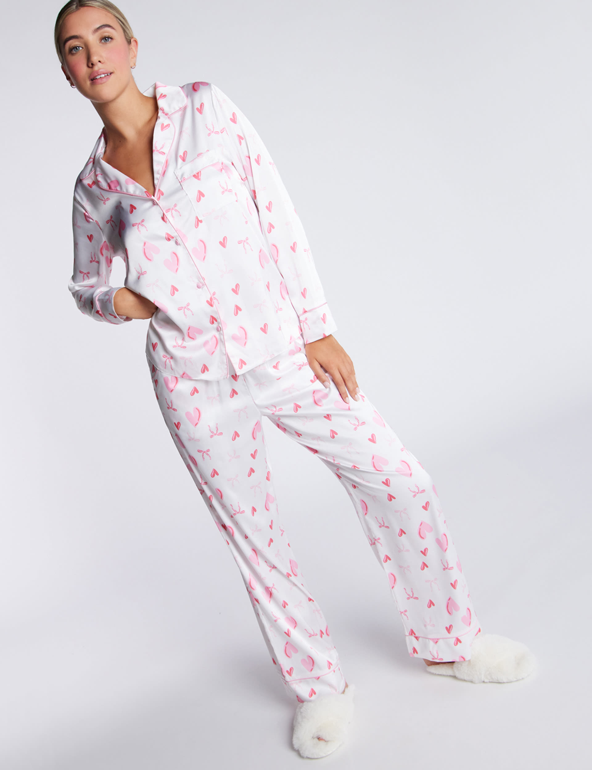 Boux Avenue Women's Satin Valentines Heart Print Pyjama Set - 14 - Ivory Mix, Ivory Mix