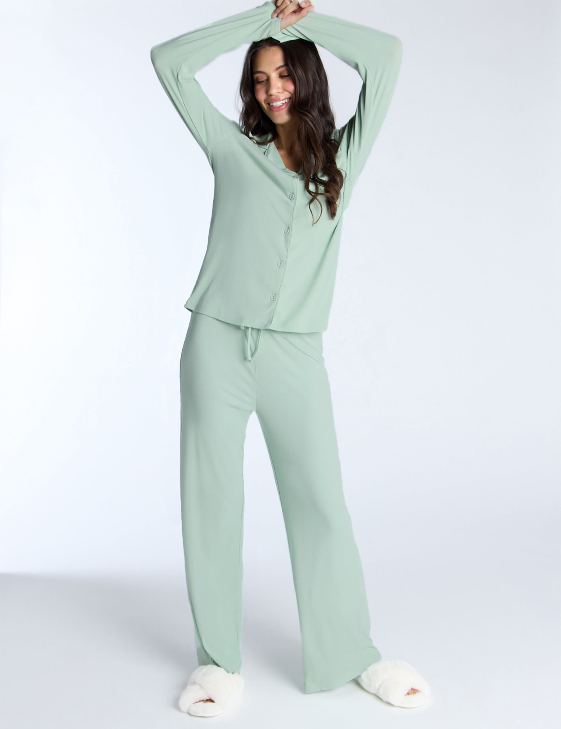 Boux Avenue Women's Modal Ribbed Wide Leg Pyjama Bottoms - 12 - Green, Green