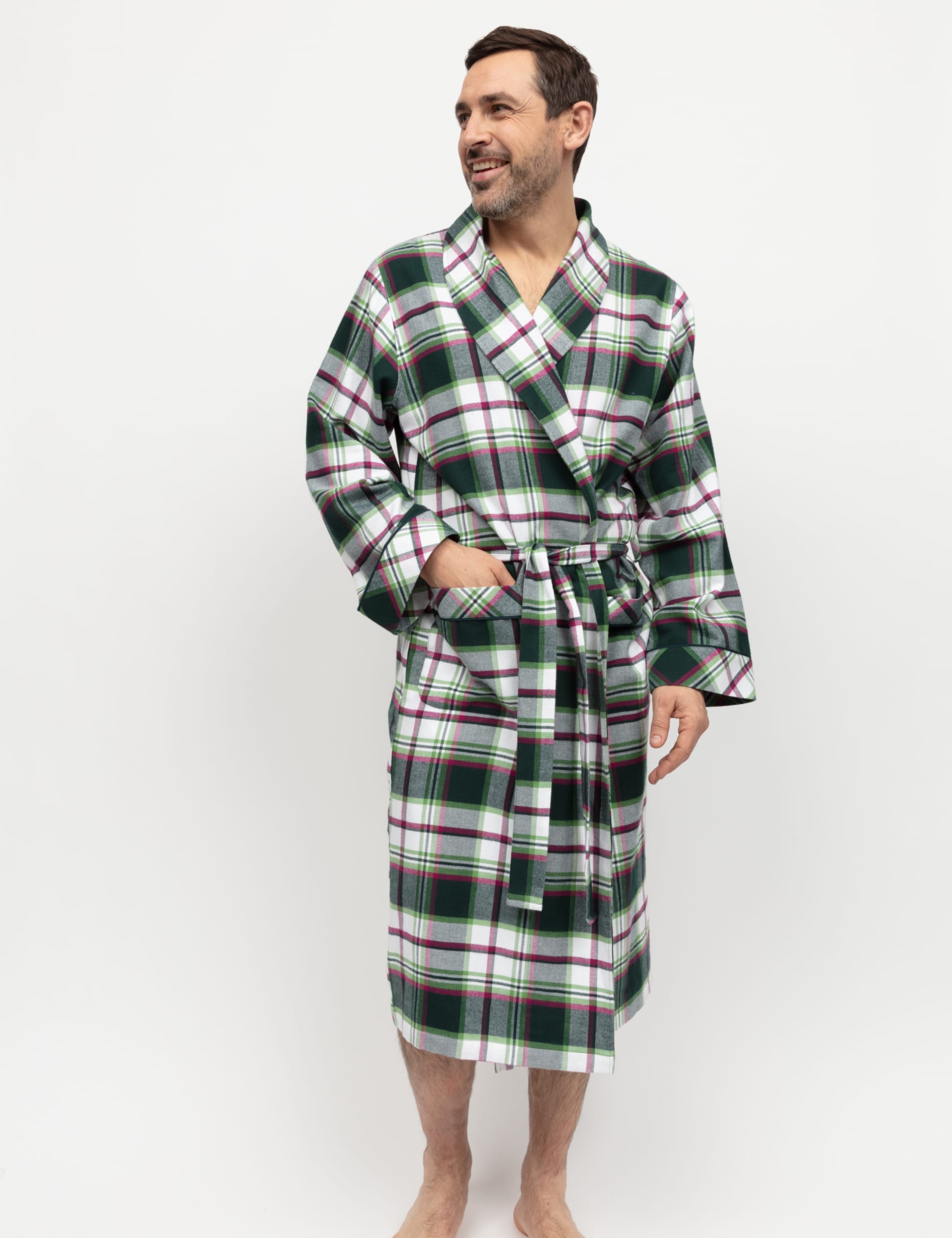 Cyberjammies Men's Pure Cotton Checked Dressing Gown - Green Mix, Green Mix