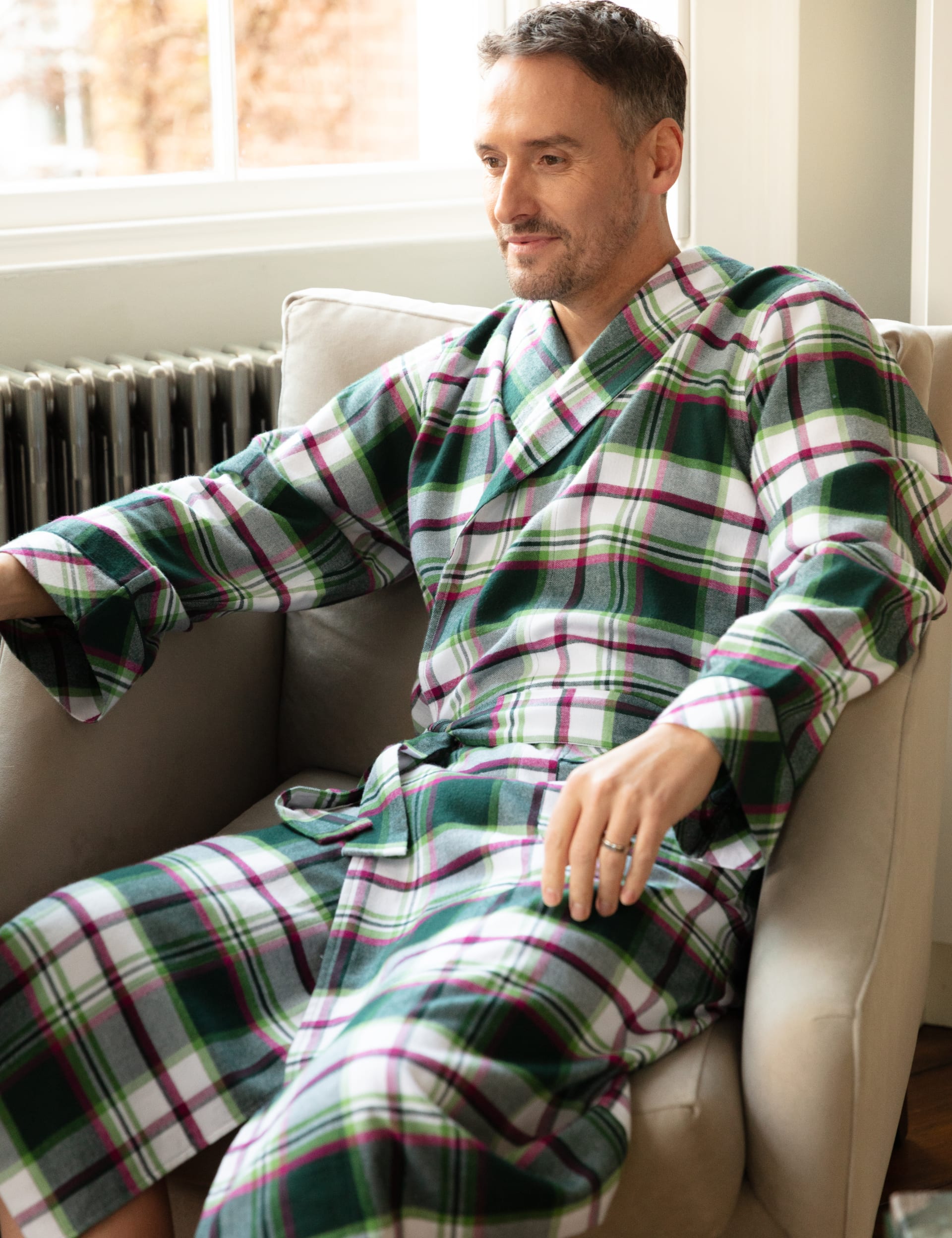 Cyberjammies Men's Pure Cotton Checked Dressing Gown - Green Mix, Green Mix