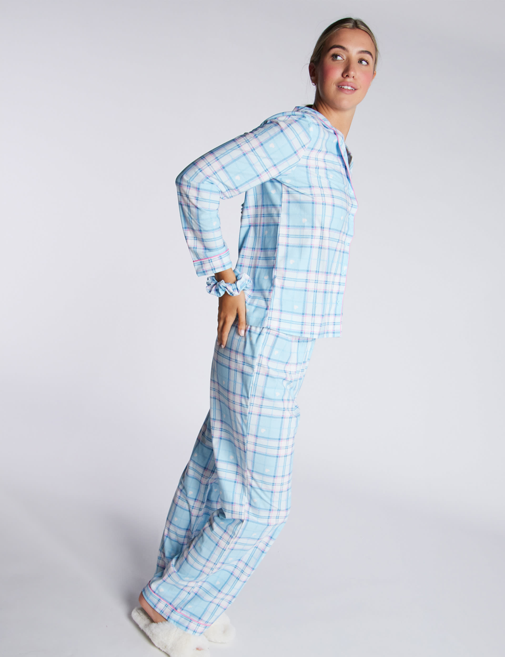 Boux Avenue Women's Fleece Checked Pyjama Set With Gift Bag - 10 - Blue Mix, Blue Mix