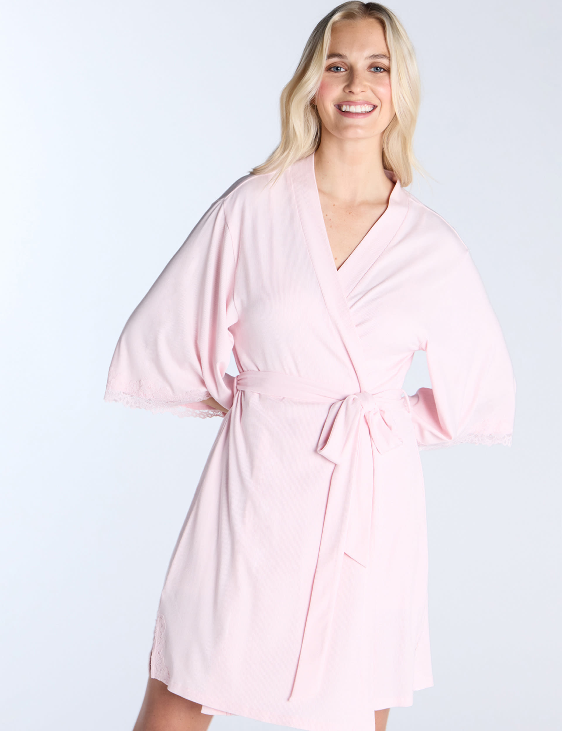 Boux Avenue Women's Modal Rich Ribbed Lace Trim Tie Short Robe - Pink, Pink