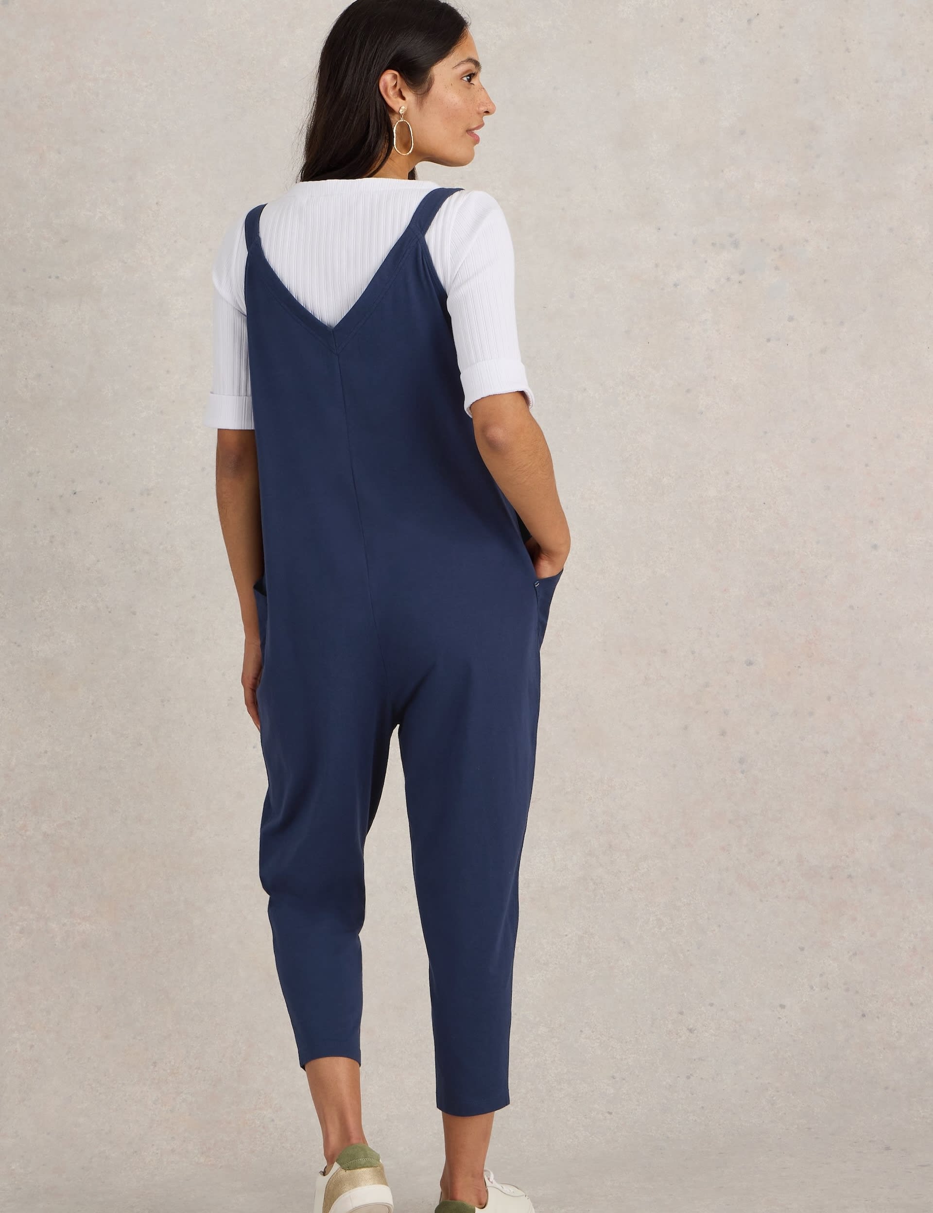 White Stuff Women's Cotton Rich Jersey Cropped Jumpsuit - 12 - Navy, Navy,Green