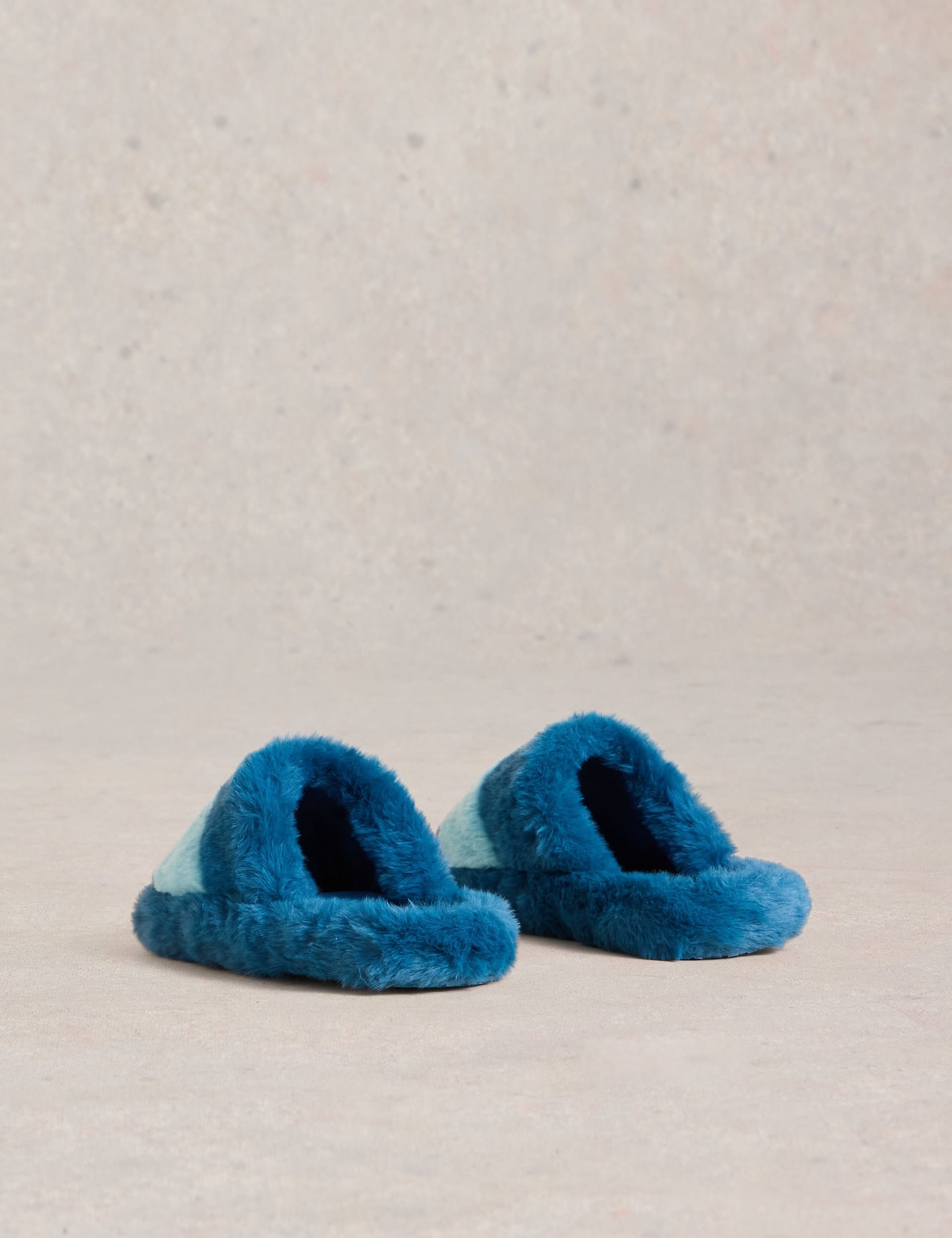 White Stuff Women's Faux Fur Colour Block Open Toe Mule Slippers - Teal Mix, Teal Mix