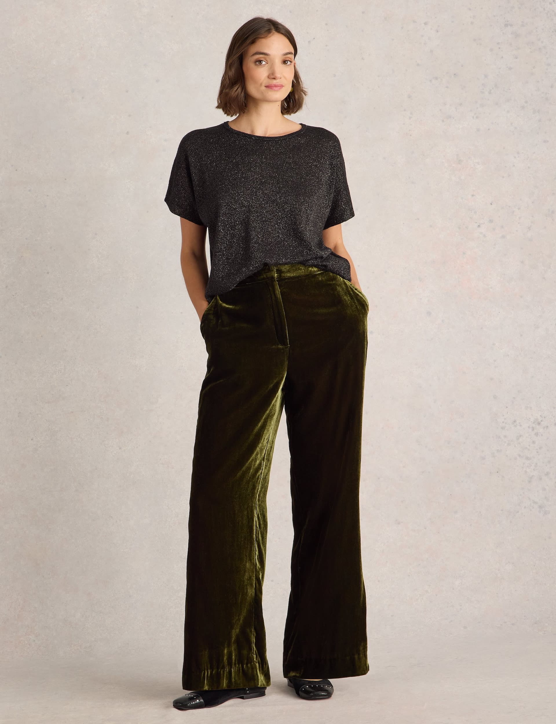 White Stuff Women's Velvet Wide Leg Trousers - 10REG - Green, Green