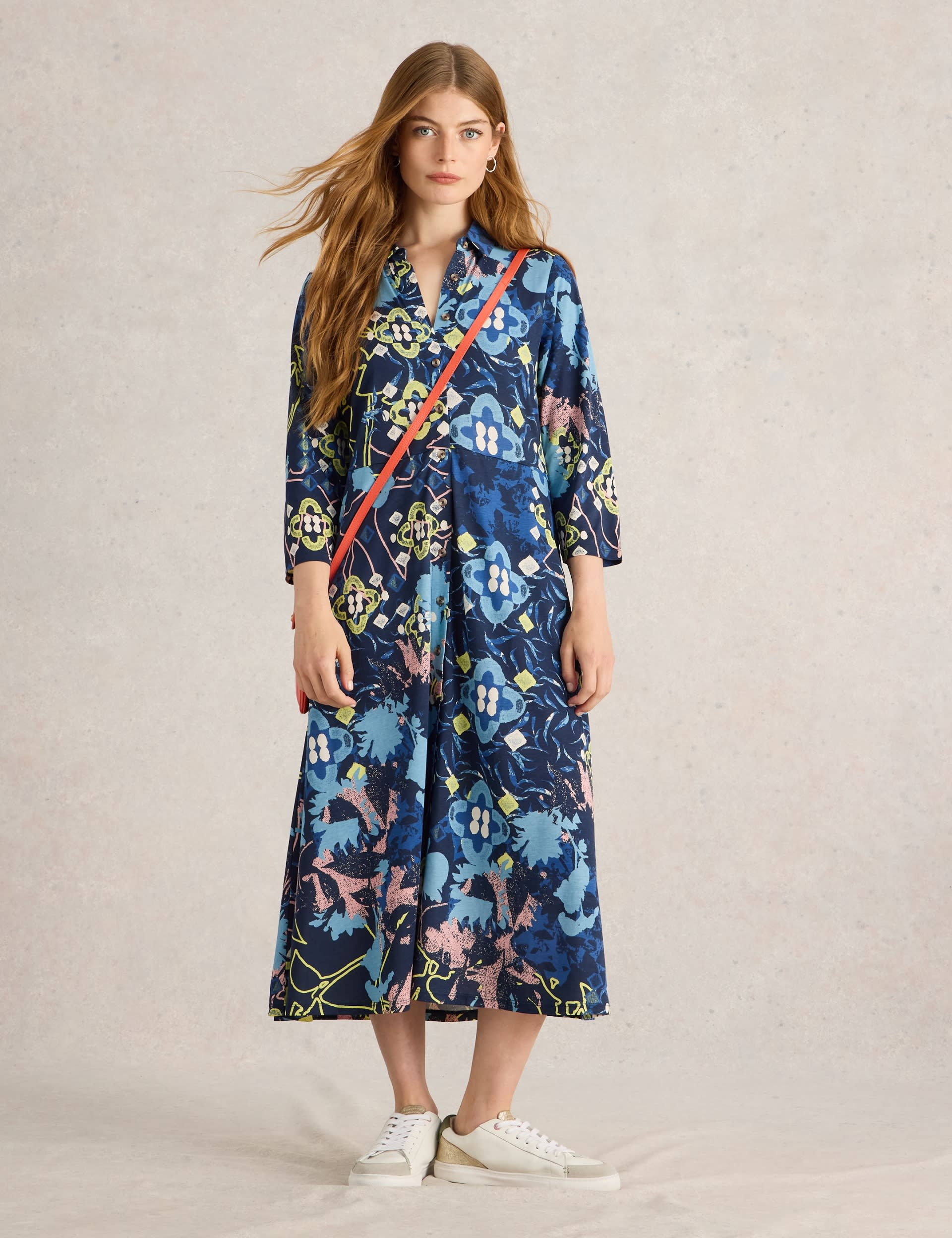 White Stuff Women's Jersey Printed Collared Midi Shirt Dress - 14REG - Blue Mix, Blue Mix