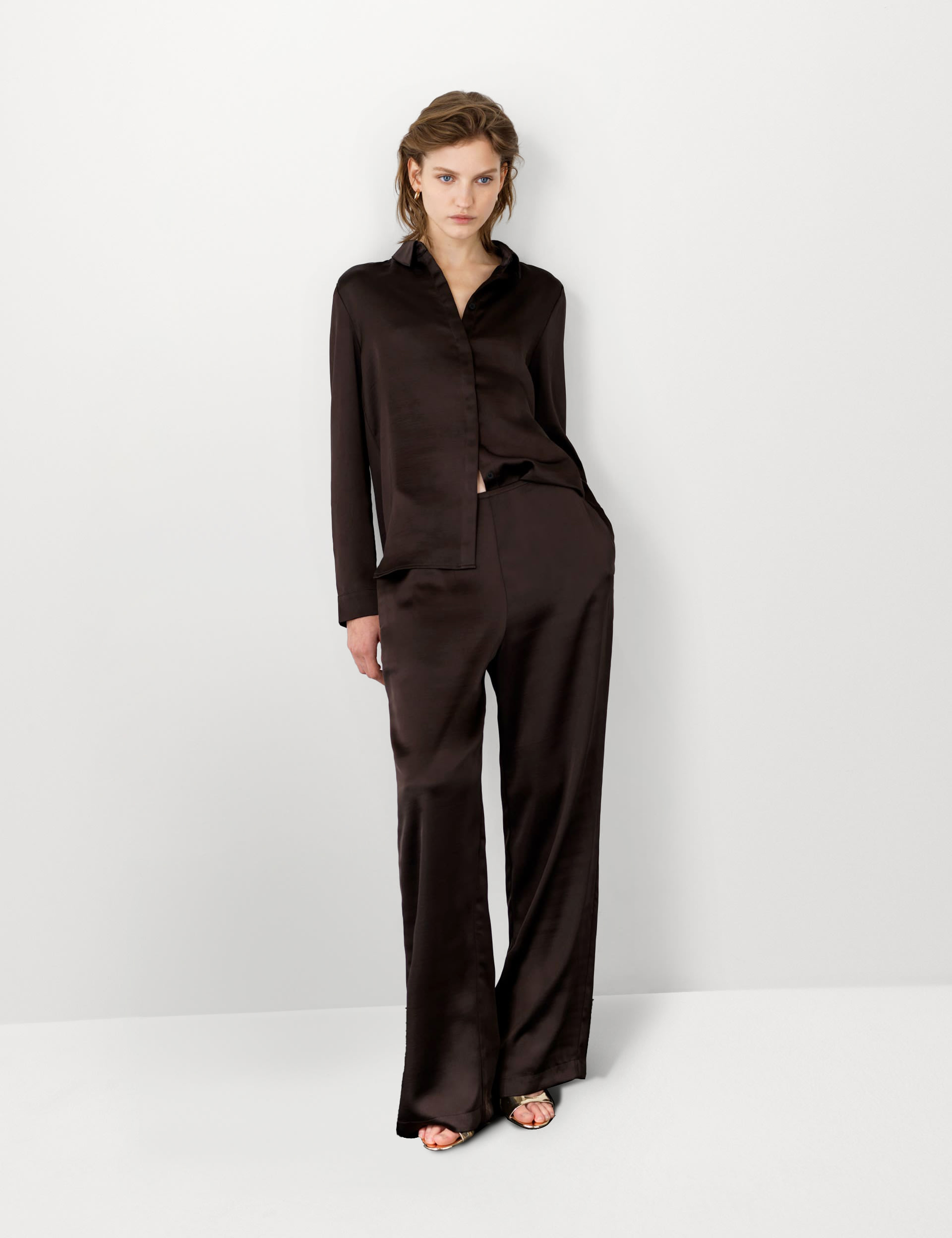 French Connection Women's Satin Elasticated Waist Wide Leg Trousers - M - Brown, Brown