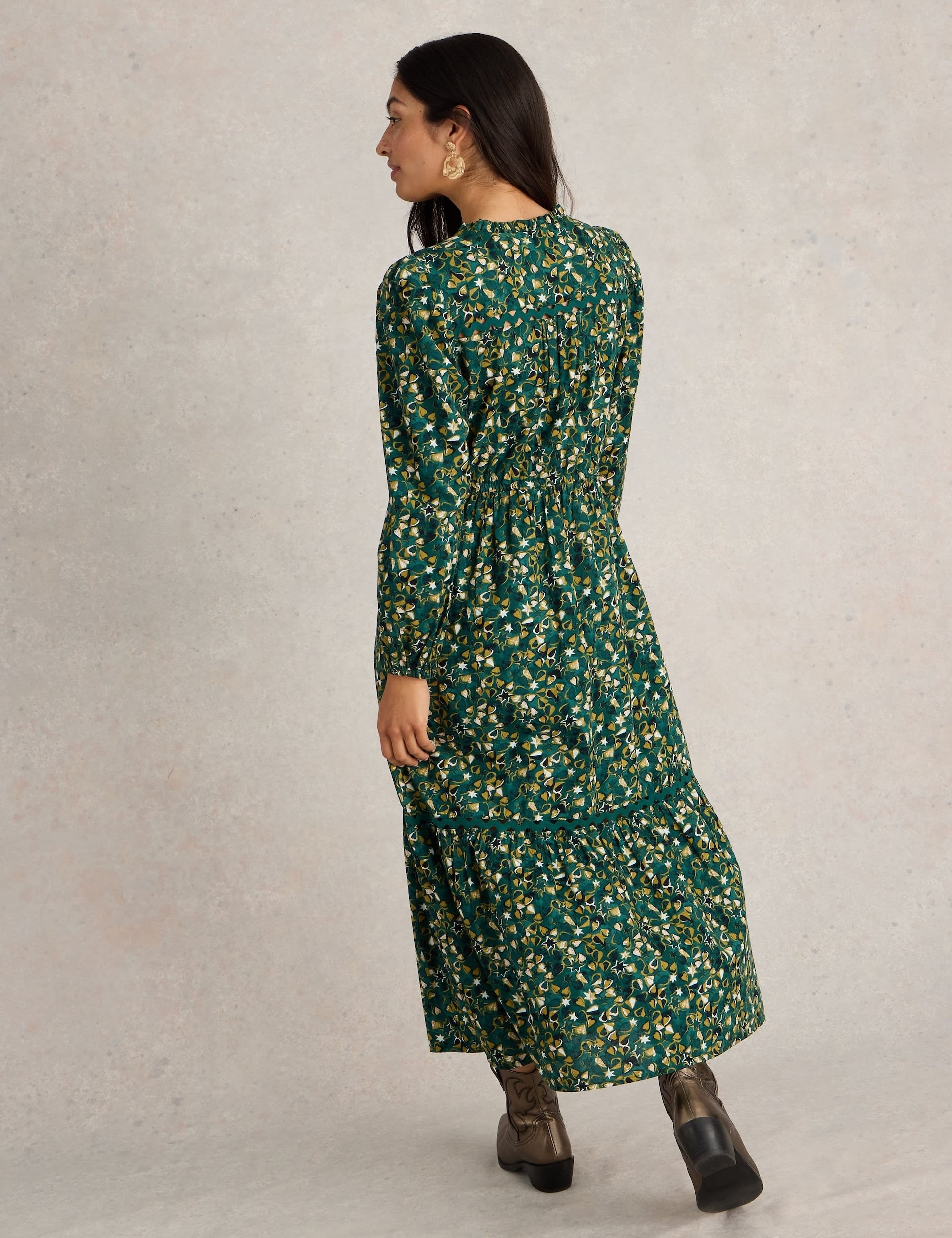 White Stuff Women's Pure Cotton Printed Tie Neck Relaxed Dress - 10REG - Green Mix, Green Mix