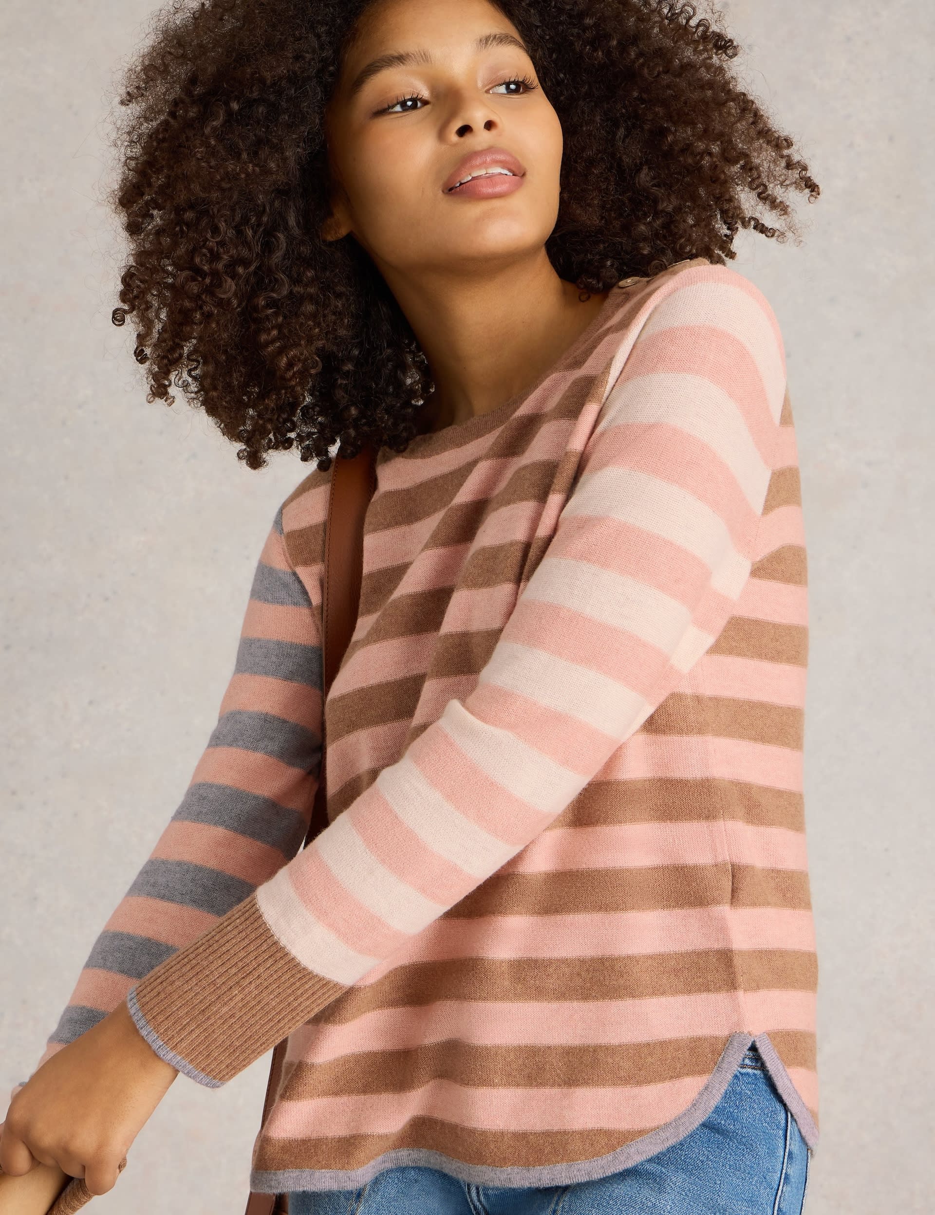 White Stuff Women's Merino Wool Blend Crew Neck Striped Jumper - 6 - Pink Mix, Pink Mix