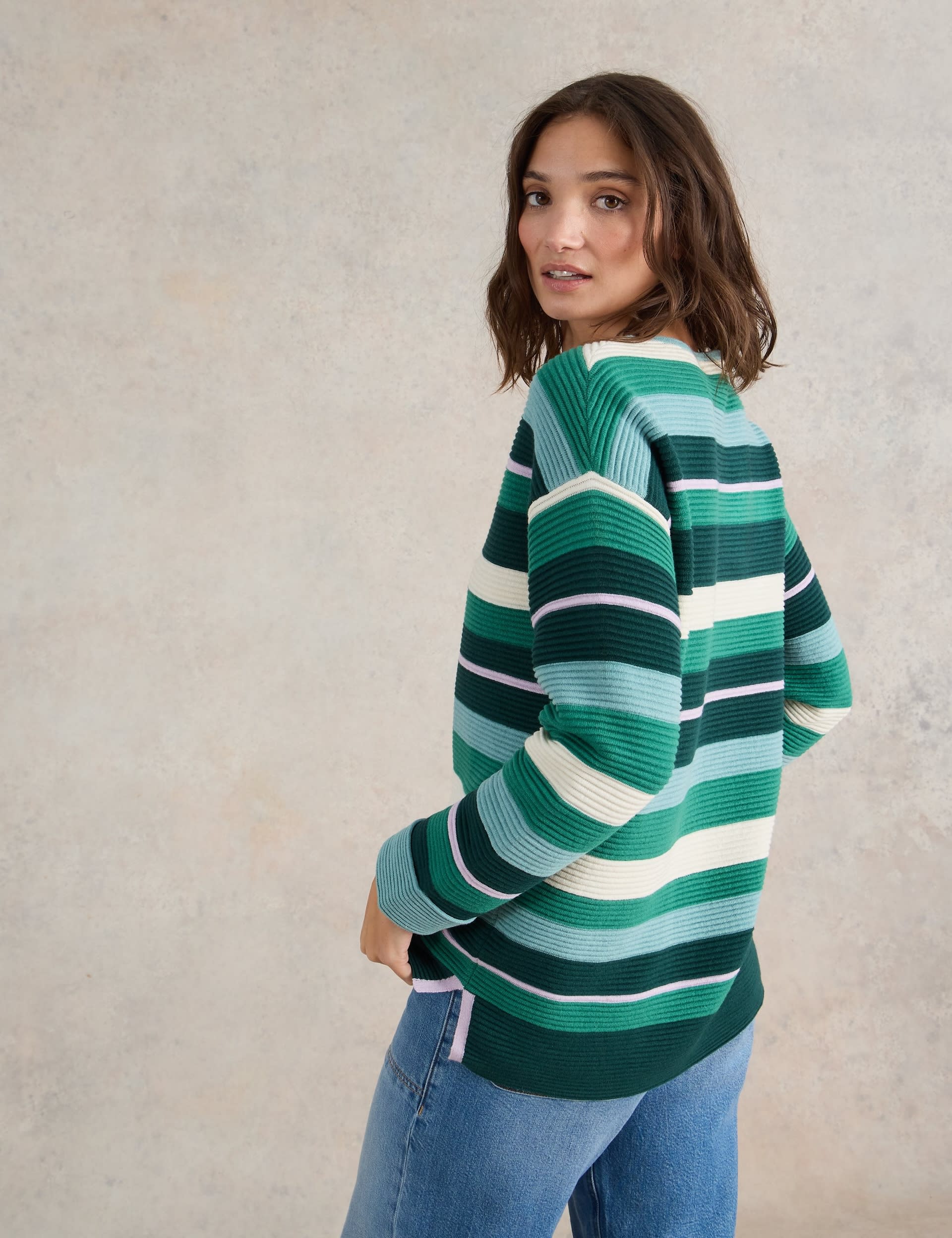 White Stuff Women's Pure Cotton Striped Slash Neck Jumper - 24 - Green Mix, Green Mix