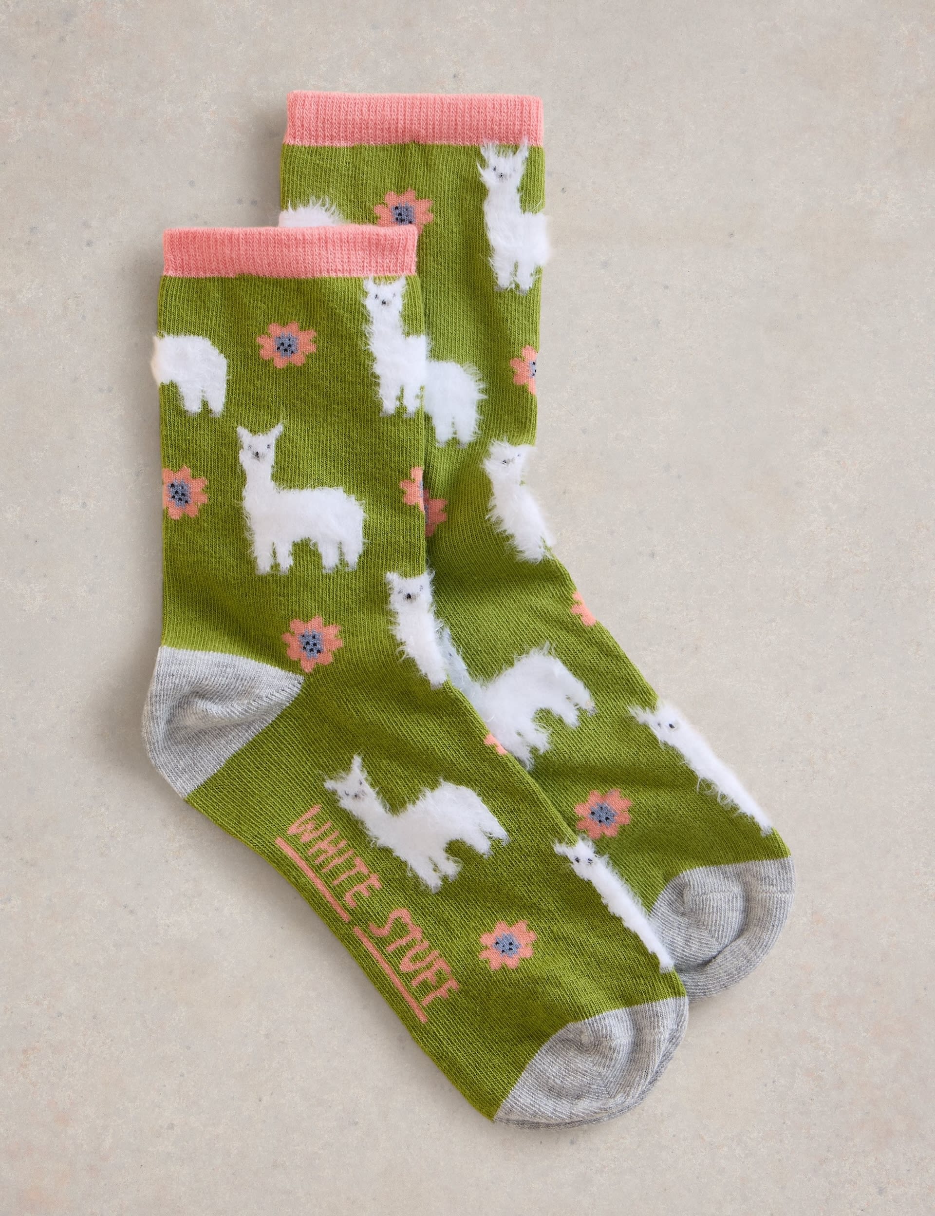 White Stuff Women's Cotton Rich Fluffy Llama Ankle High Socks - 6-8 - Green Mix, Green Mix