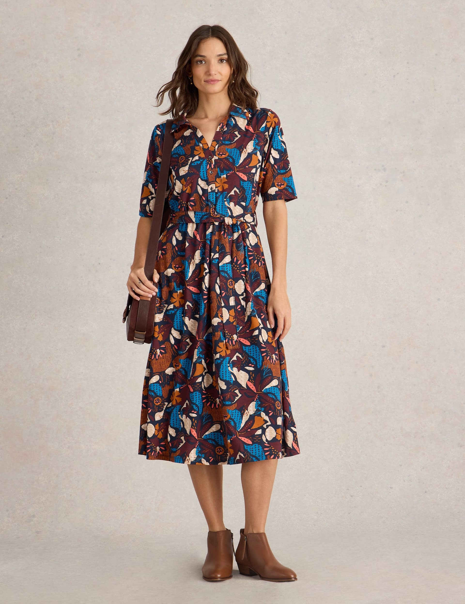 White Stuff Women's Jersey Printed Collared Midi Shirt Dress - 10REG - Navy Mix, Navy Mix