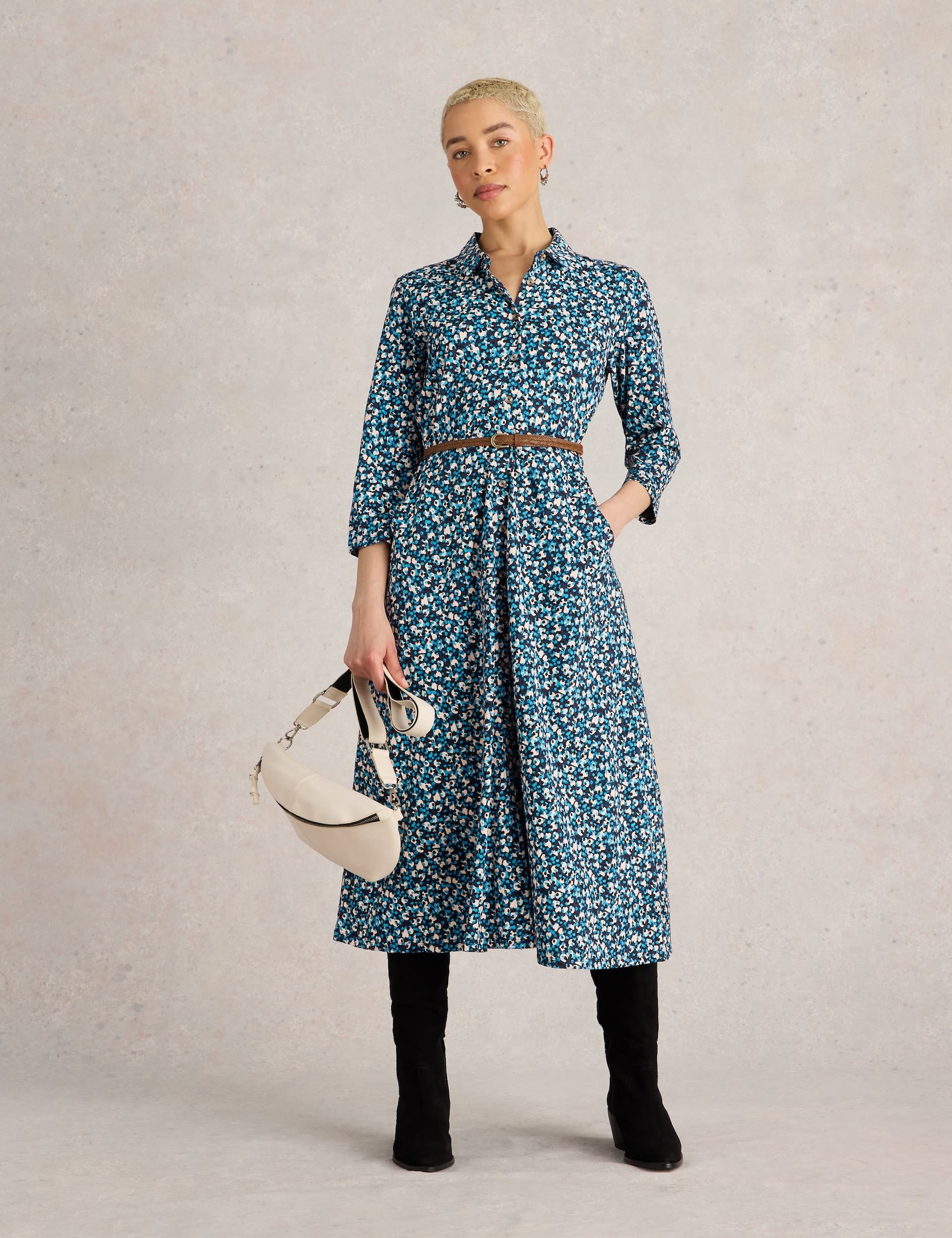 White Stuff Women's Jersey Printed Button Front Midi Shirt Dress - 14REG - Dark Blue Mix, Dark Blue 