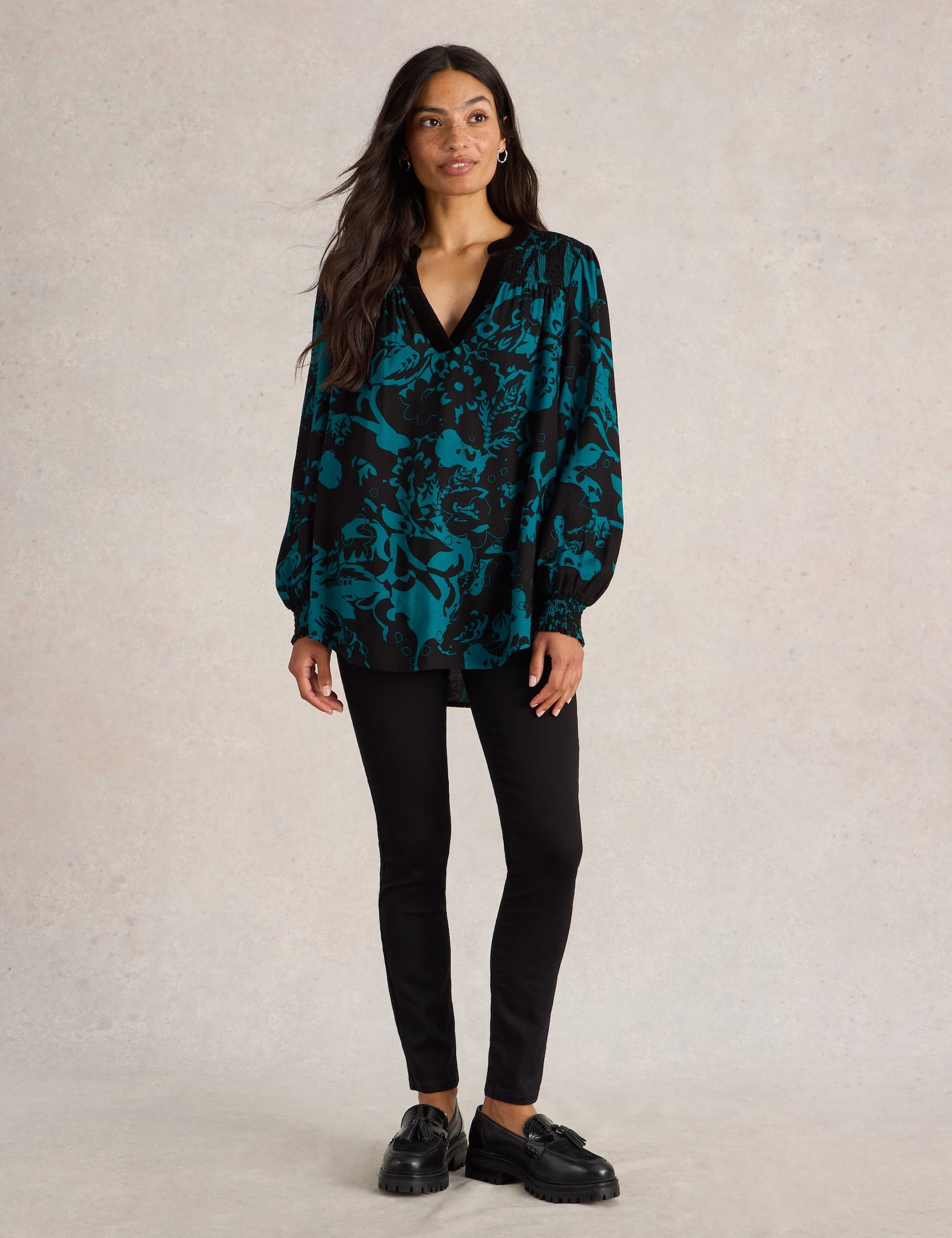 White Stuff Women's Printed Notch Neck Longline Blouse - 6REG - Teal Mix, Teal Mix