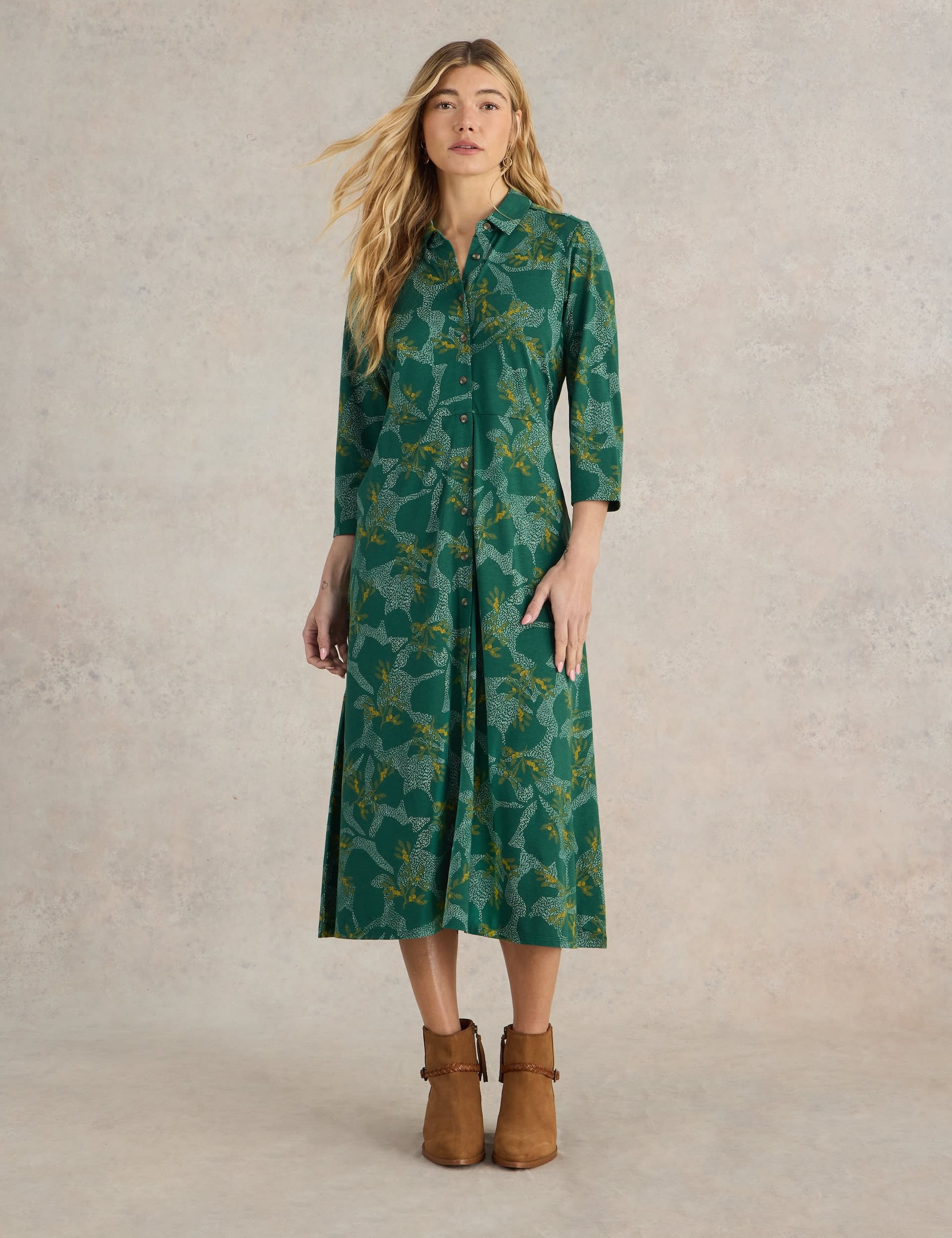 White Stuff Women's Cotton Blend Jersey Printed Midi Shirt Dress - 14REG - Dark Green Mix, Yellow Mi