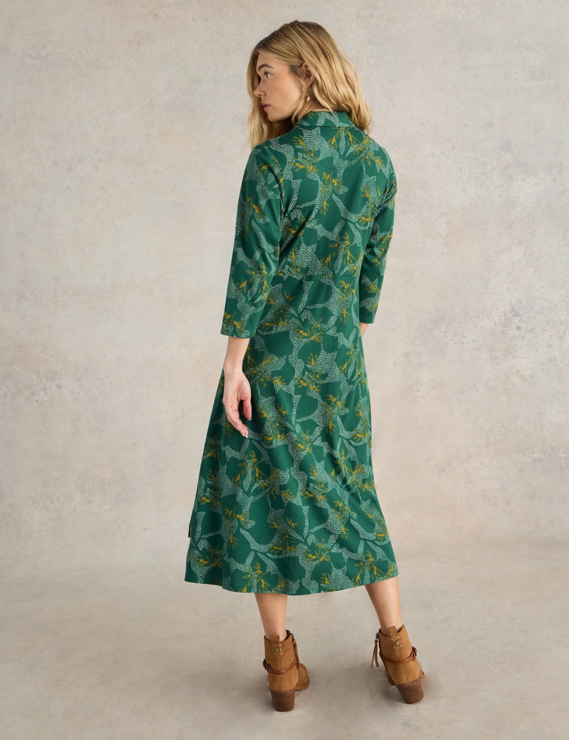 White Stuff Women's Cotton Blend Jersey Printed Midi Shirt Dress - 14REG - Dark Green Mix, Yellow Mi