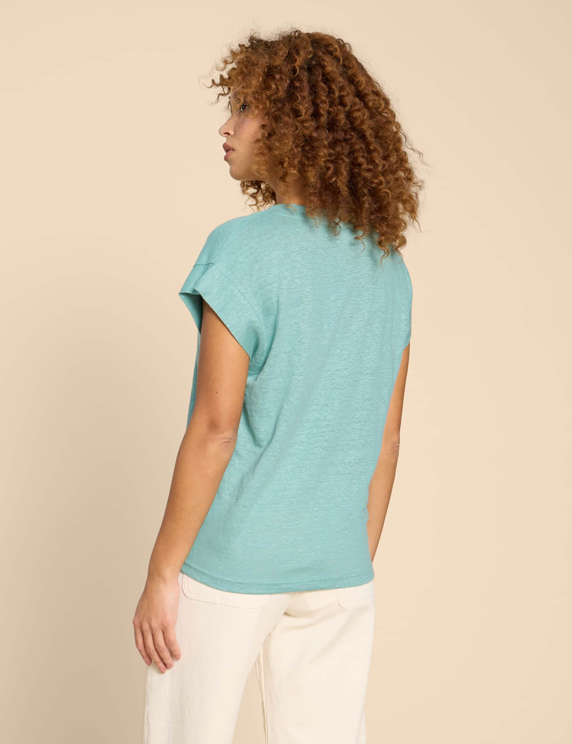 White Stuff Women's Pure Linen V-Neck T-Shirt - 16 - Teal, Teal