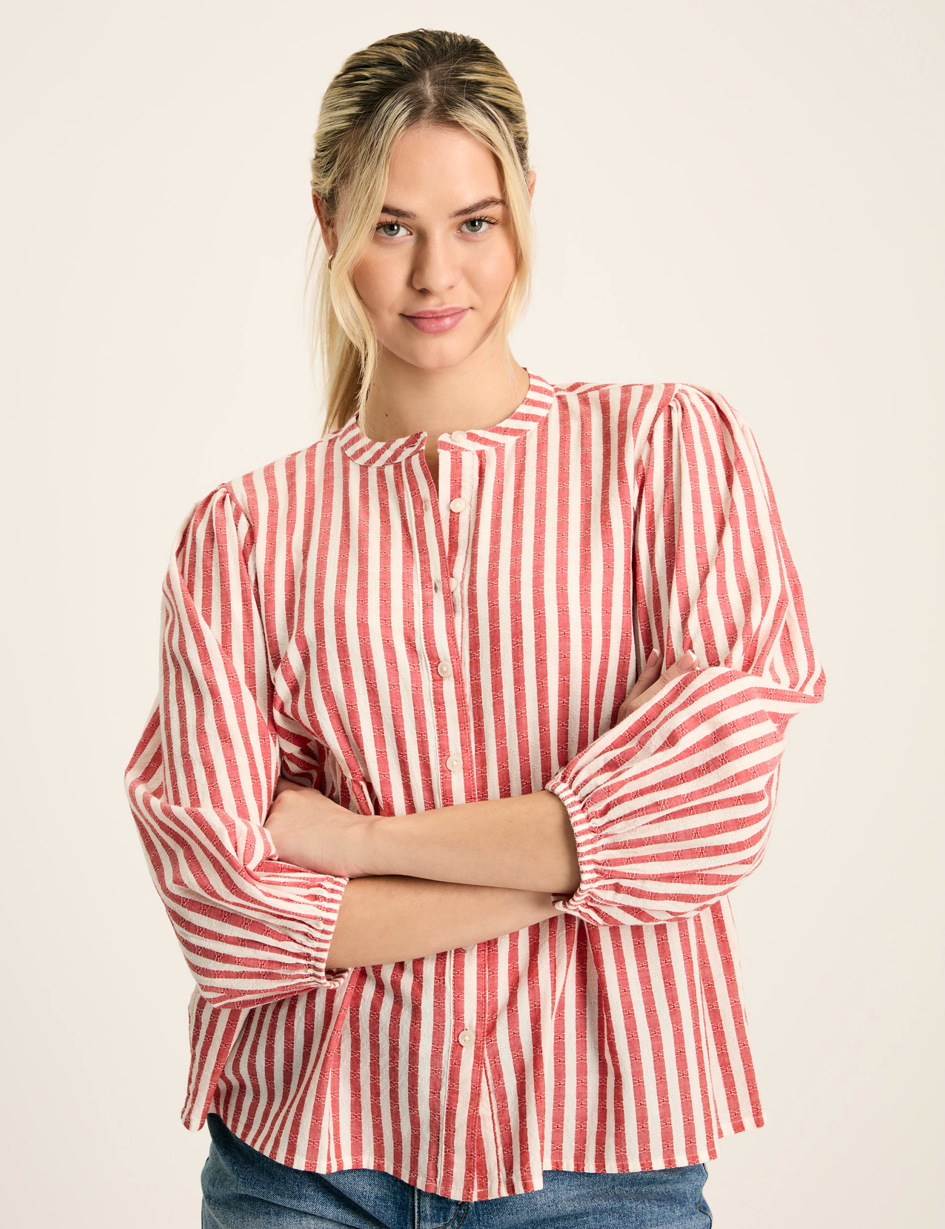 Joules Women's Pure Cotton Striped Blouson Sleeve Blouse - 12 - Red Mix, Red Mix