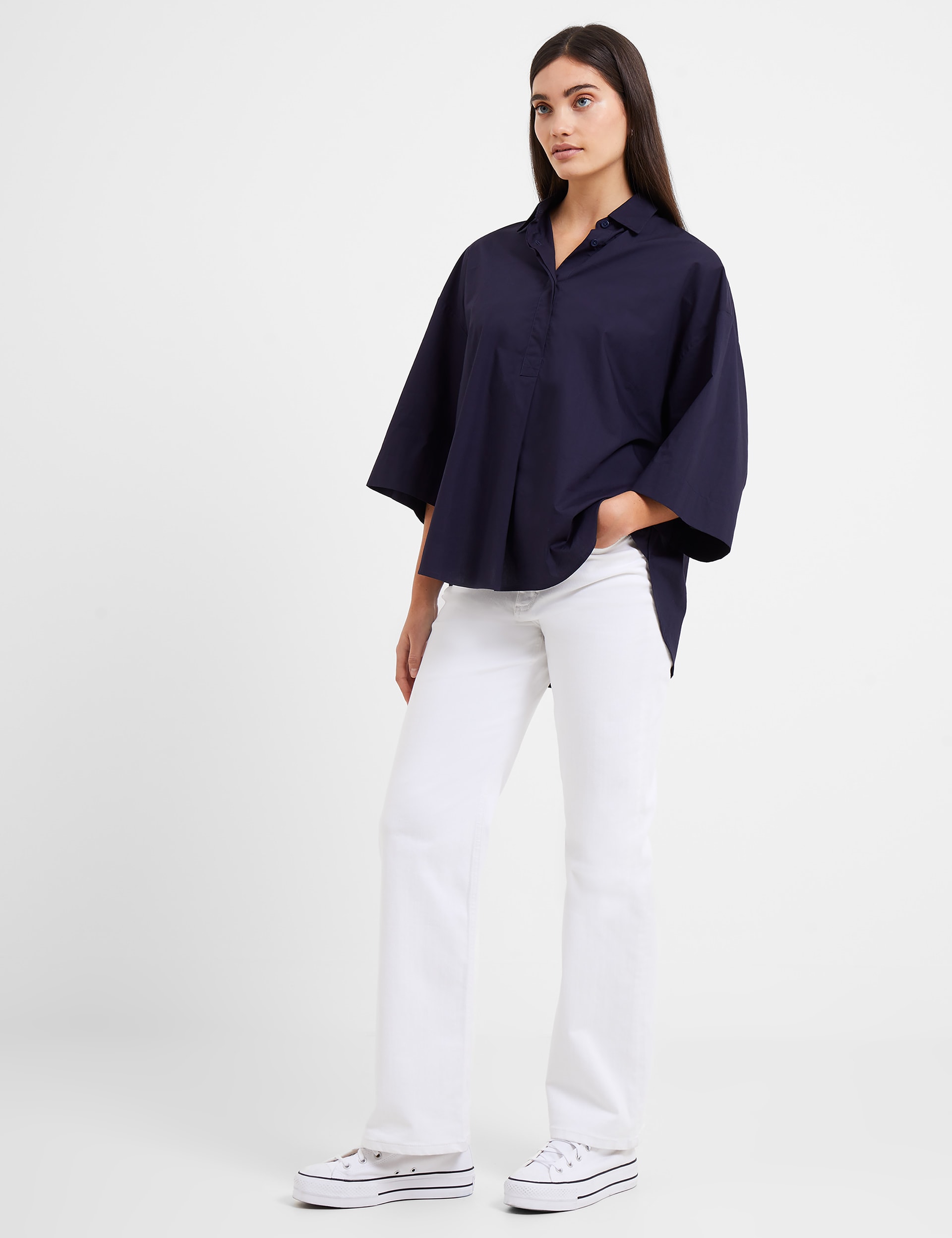 French Connection Women's Pure Cotton Collared Relaxed Popover Shirt - XS - Blue, Blue