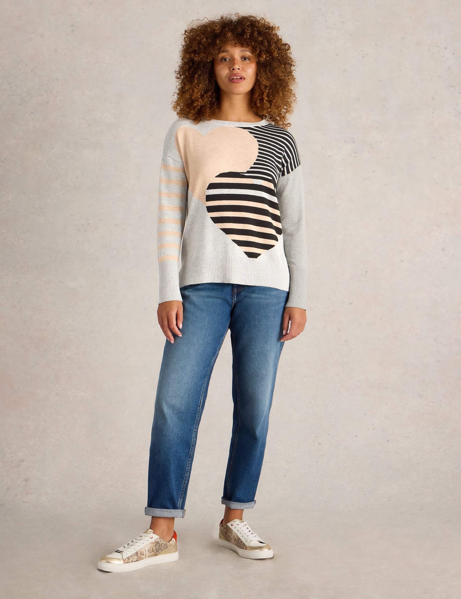 White Stuff Women's Cotton Rich Striped Heart Crew Neck Jumper - 16 - Natural Mix, Natural Mix