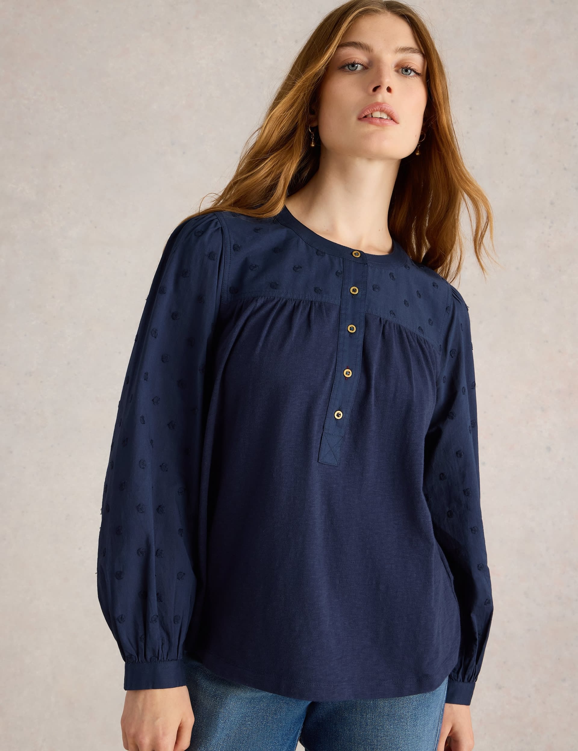 White Stuff Women's Pure Cotton Embroidered Puff Sleeve Shirt - 8 - Navy, Navy