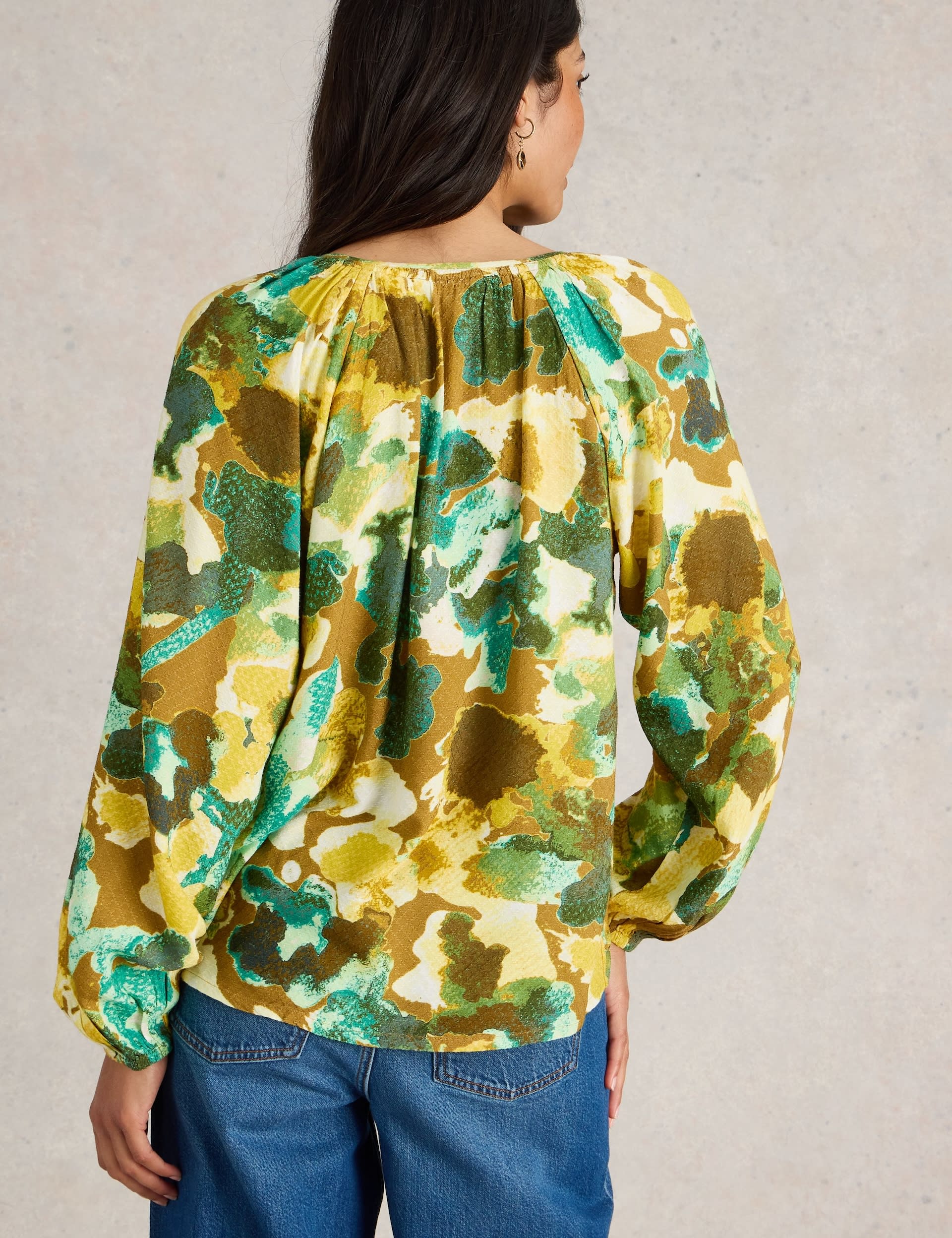 White Stuff Women's Printed V-Neck Blouson Sleeve Top - 10 - Yellow Mix, Yellow Mix