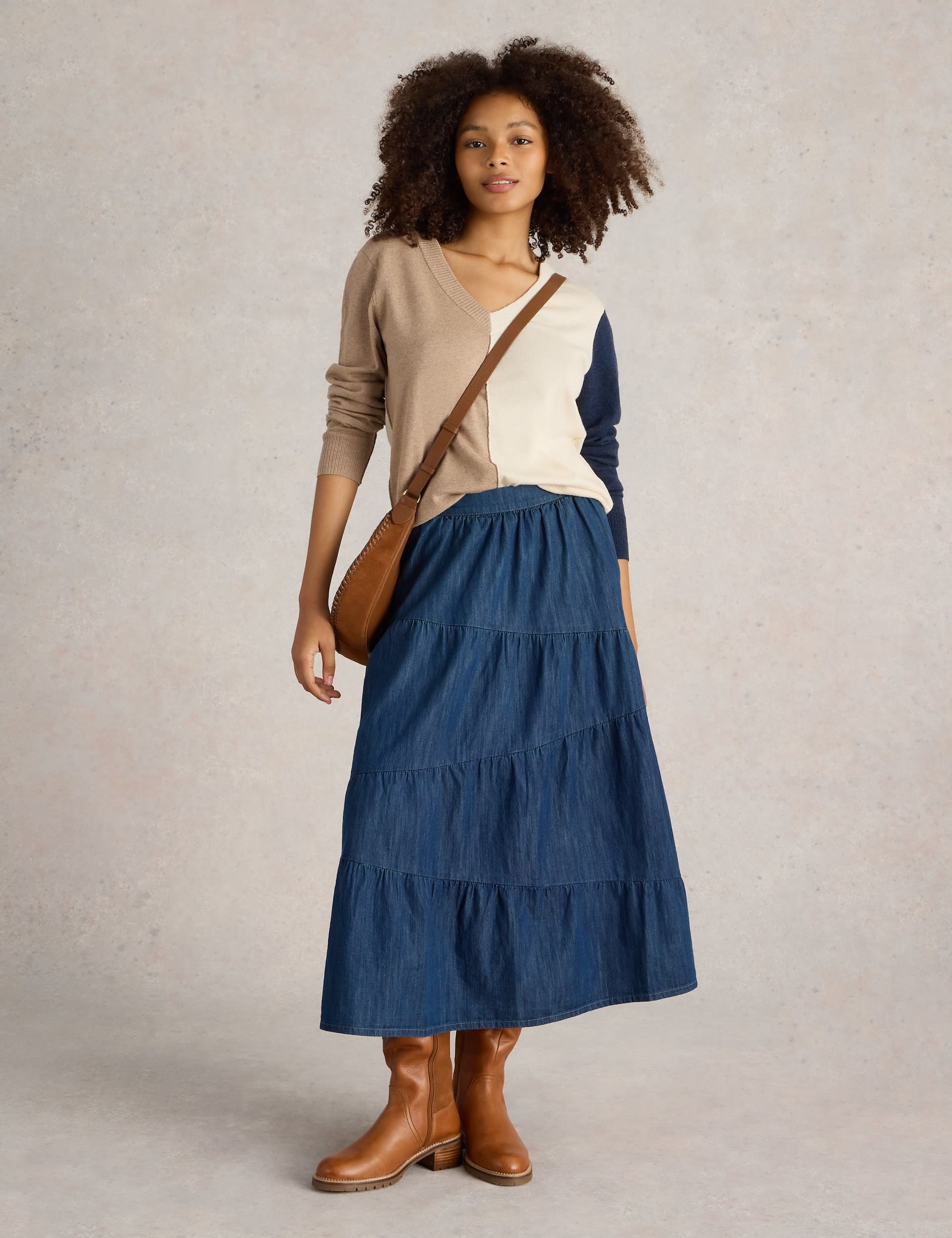 White Stuff Women's Denim Midi Tiered Skirt - 6 - Navy, Navy