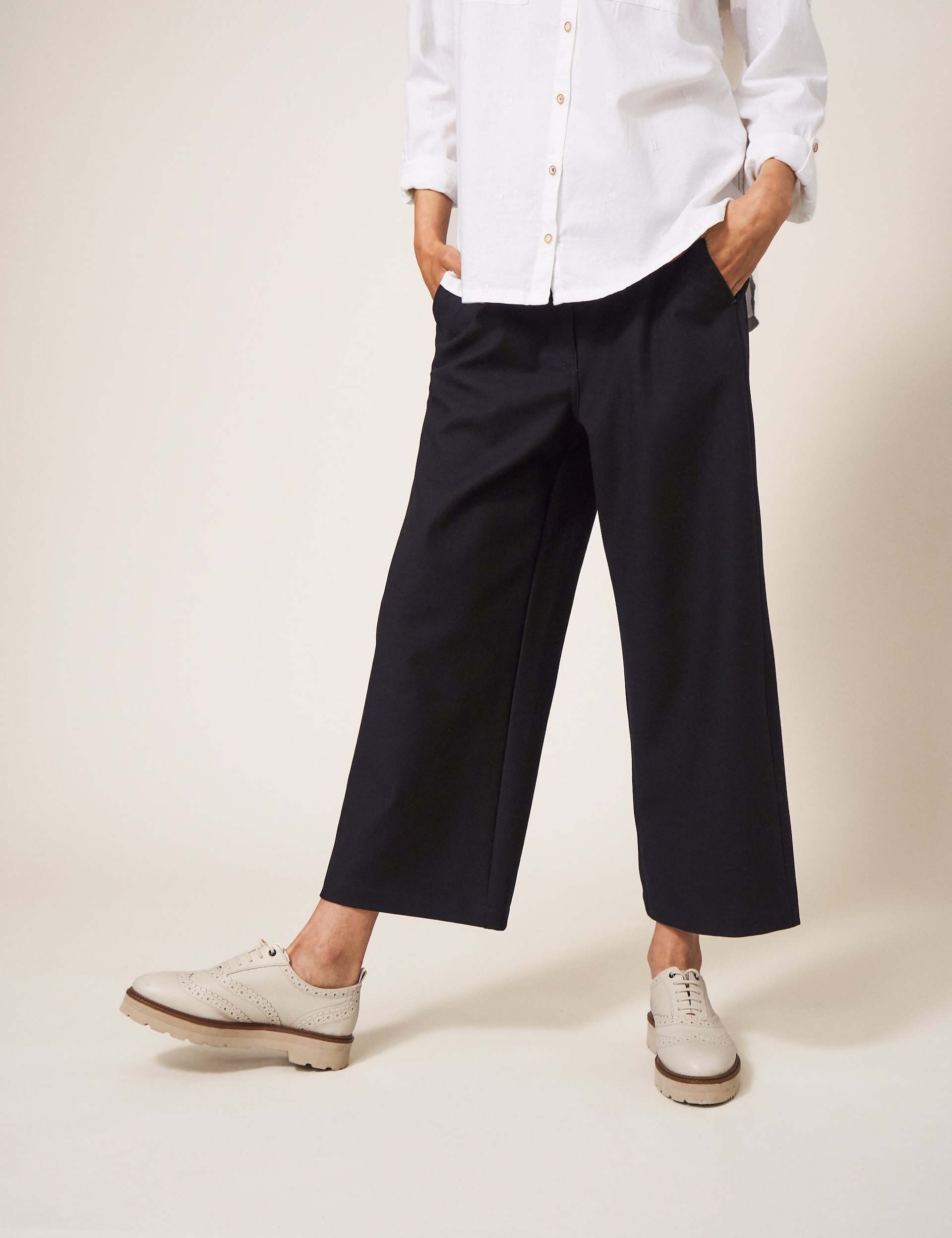 White Stuff Women's Cotton Rich Wide Leg Cropped Trousers - 14 - Black, Black