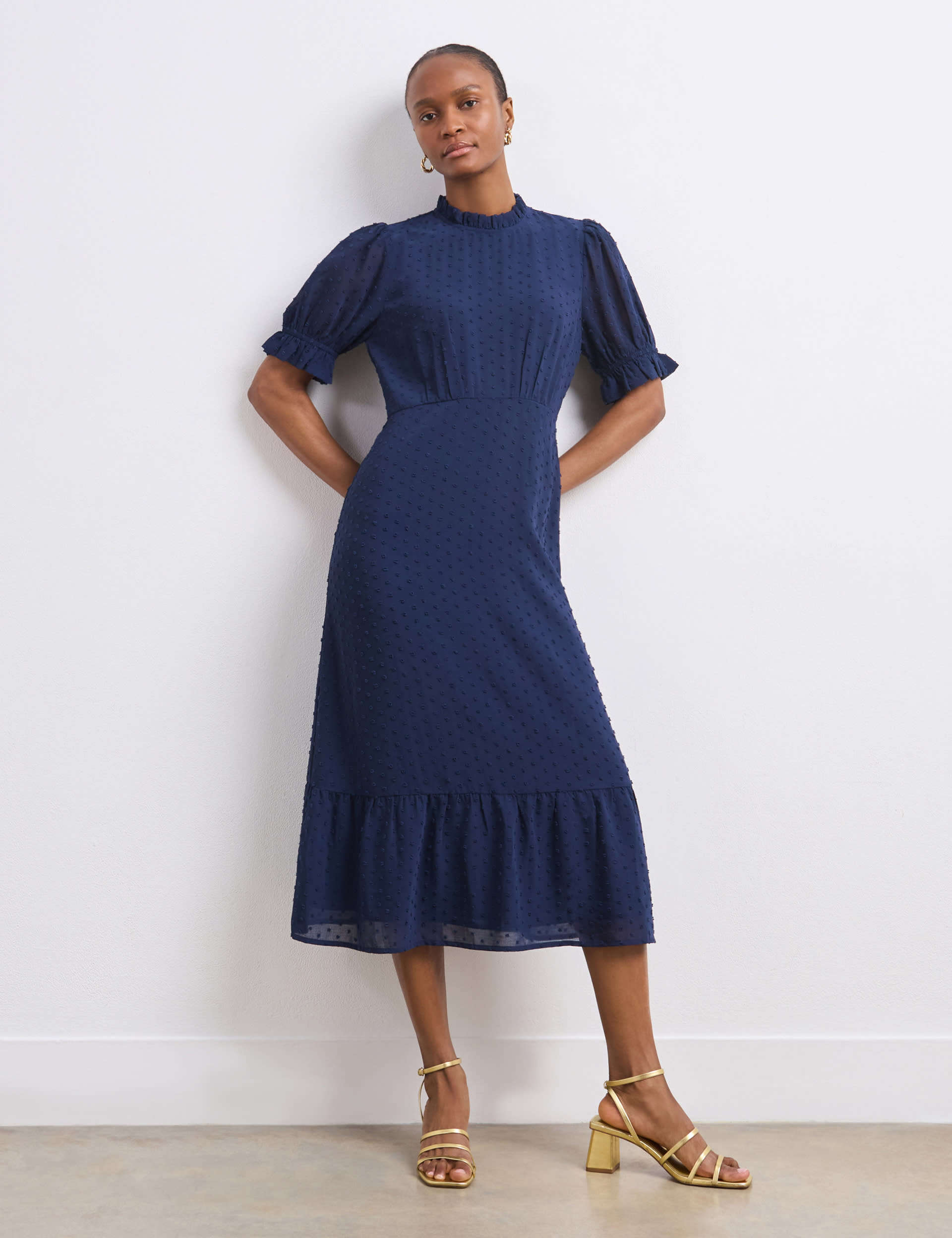 Finery London Women's Spot Print Puff Sleeve Midi Tiered Dress - 18 - Navy, Red,Navy