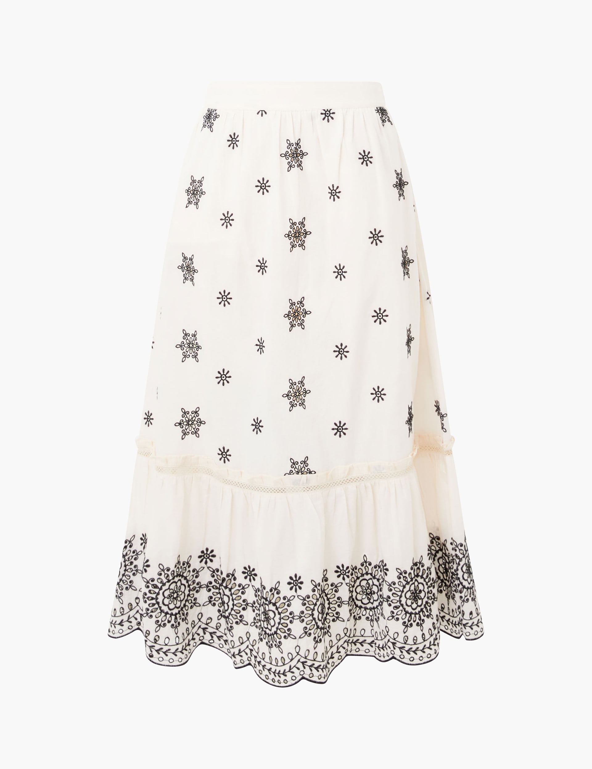 French Connection Women's Pure Cotton Embroidered Midi A-Line Skirt - 8 - White Mix, White Mix