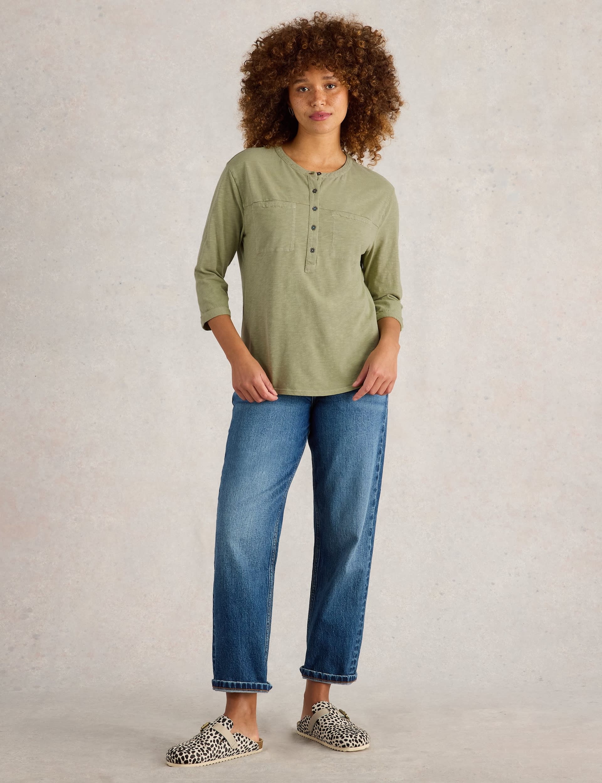 White Stuff Women's Pure Cotton Round Neck Button Detail Shirt - 12 - Green, White,Green