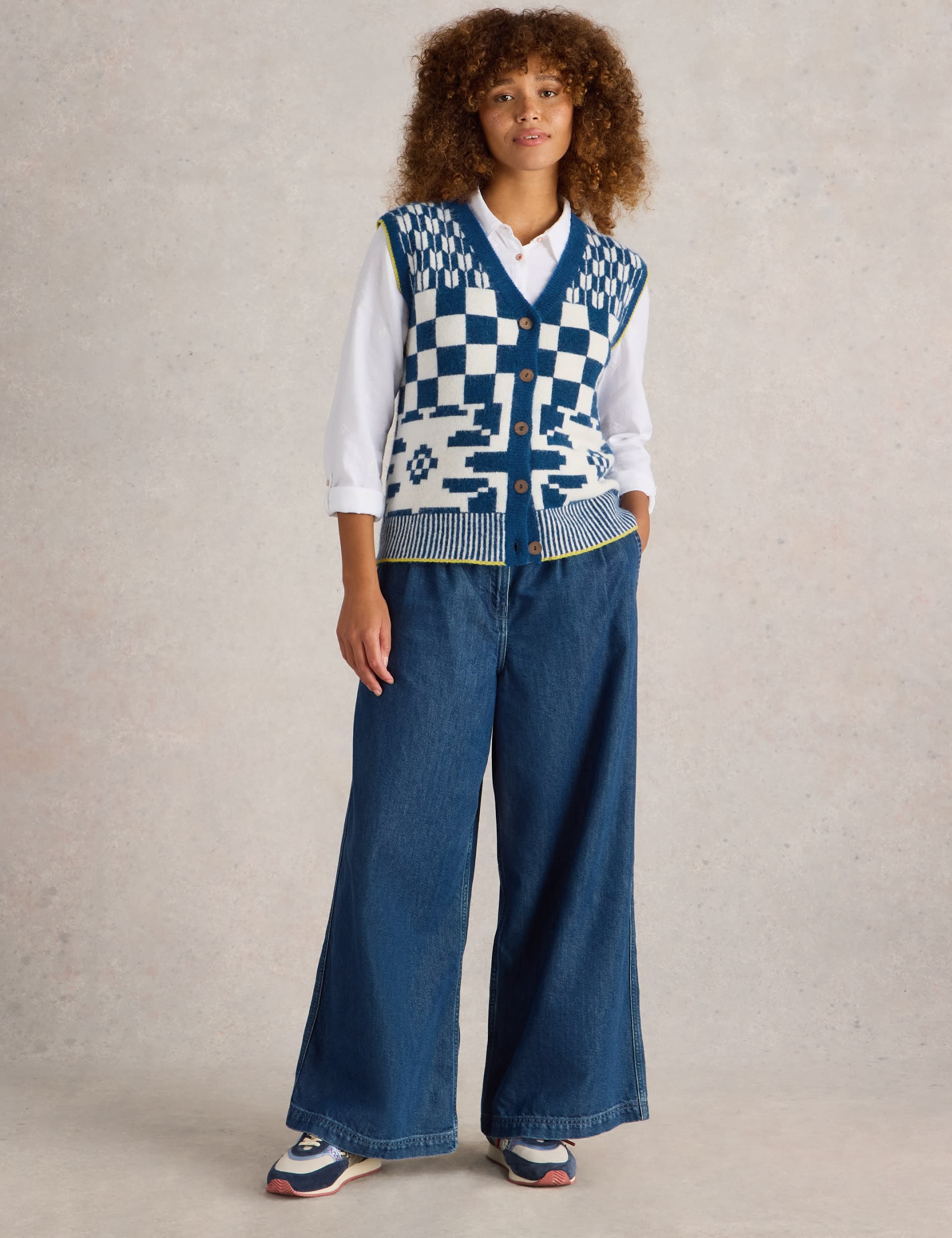 White Stuff Women's Geometric V-Neck Knitted Waistcoat - Blue Mix, Blue Mix