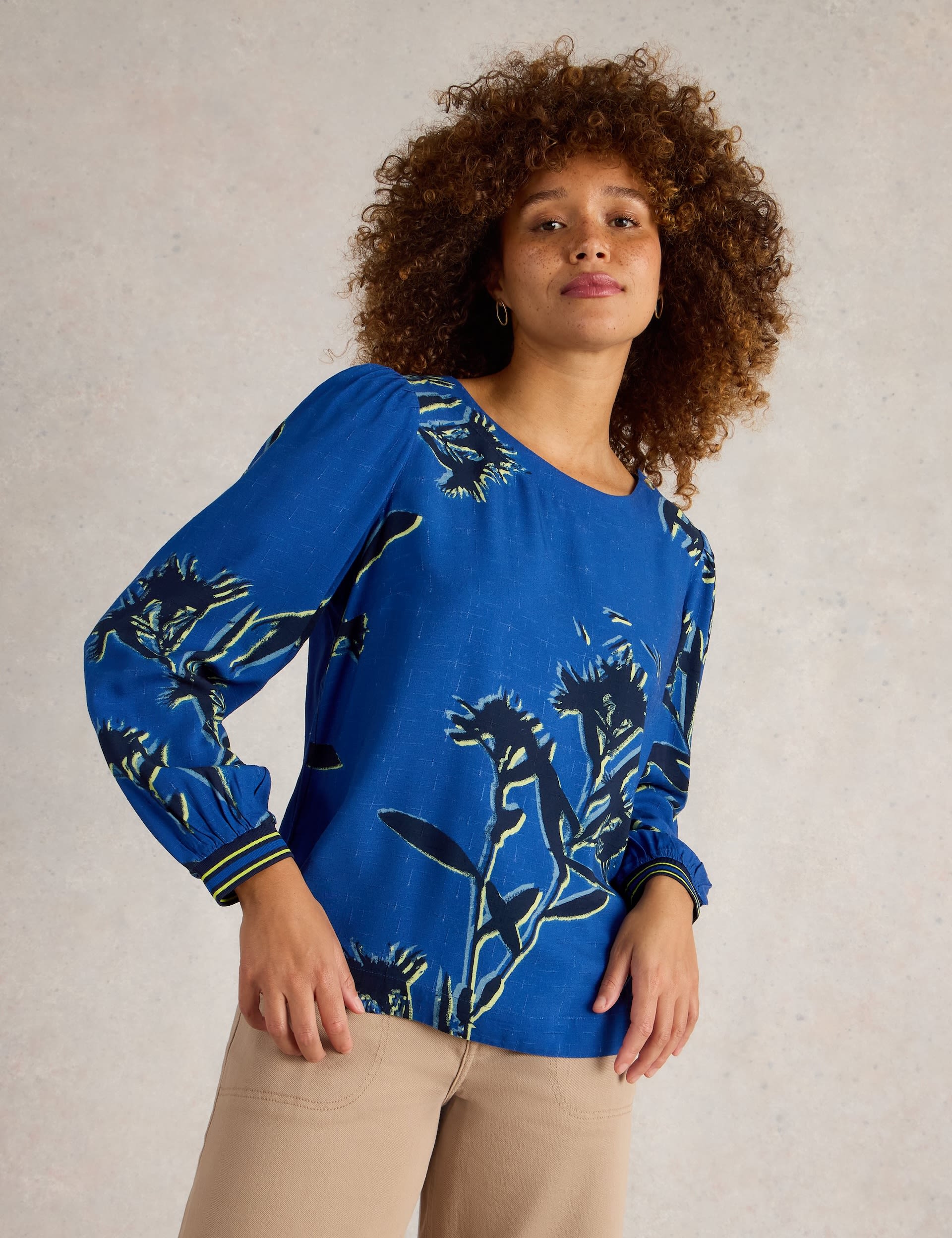 White Stuff Women's Floral Round Neck Blouse - 12 - Blue Mix, Blue Mix