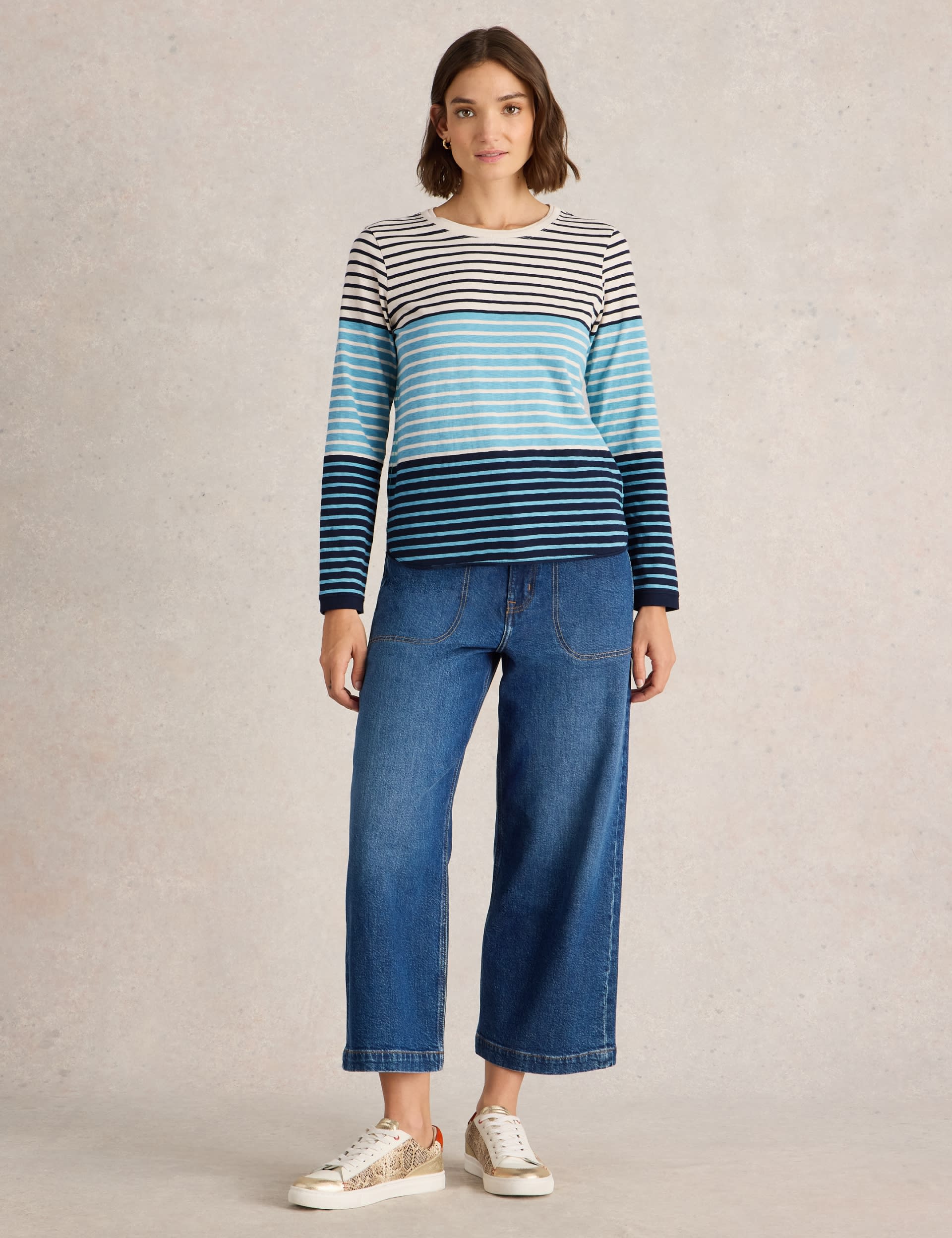 White Stuff Women's Pure Cotton Striped Top - 12 - Blue Mix, Blue Mix