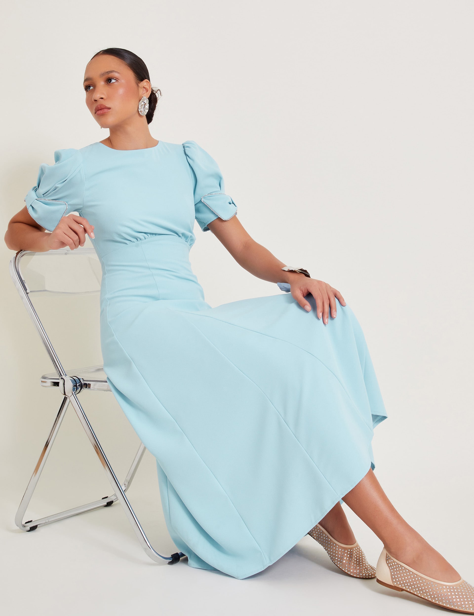 Monsoon Women's Crepe Round Neck Puff Sleeve Midi Tea Dress - 24 - Pale Blue, Pale Blue