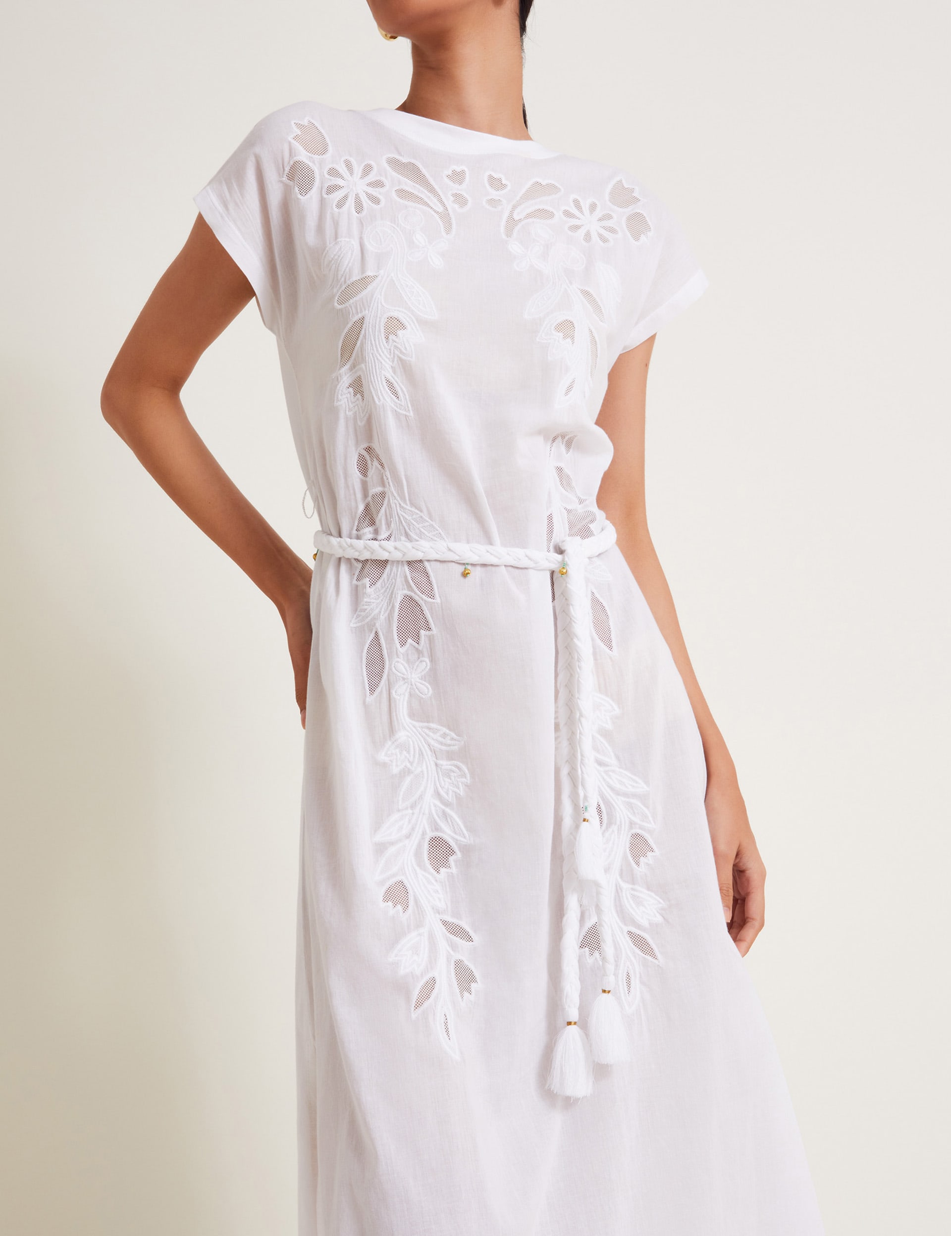 Monsoon Women's Pure Cotton Cutwork Detail Midaxi Smock Dress - White, White