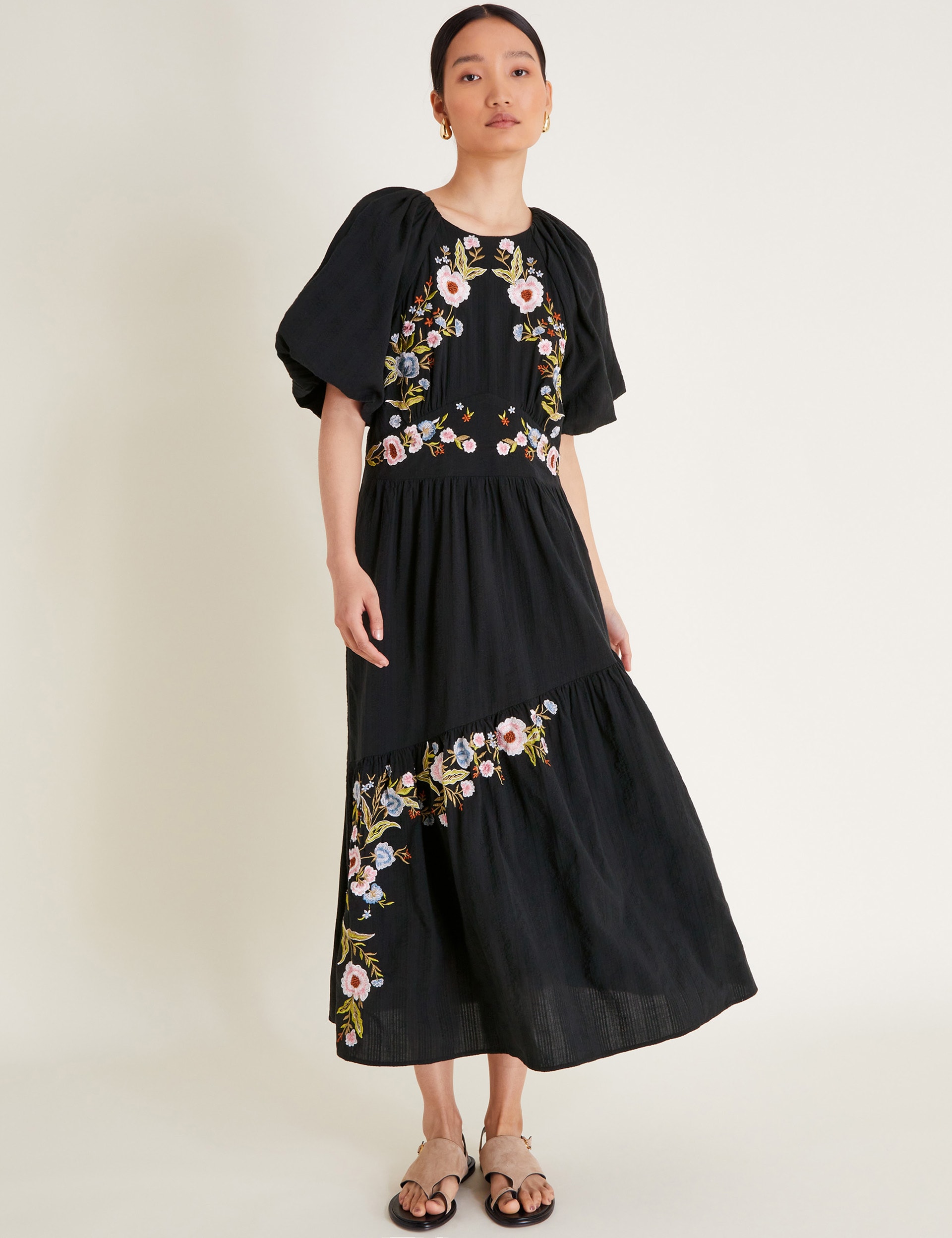 Monsoon Women's Pure Cotton Embroidered Midi Tea Dress - 8 - Black Mix, Black Mix