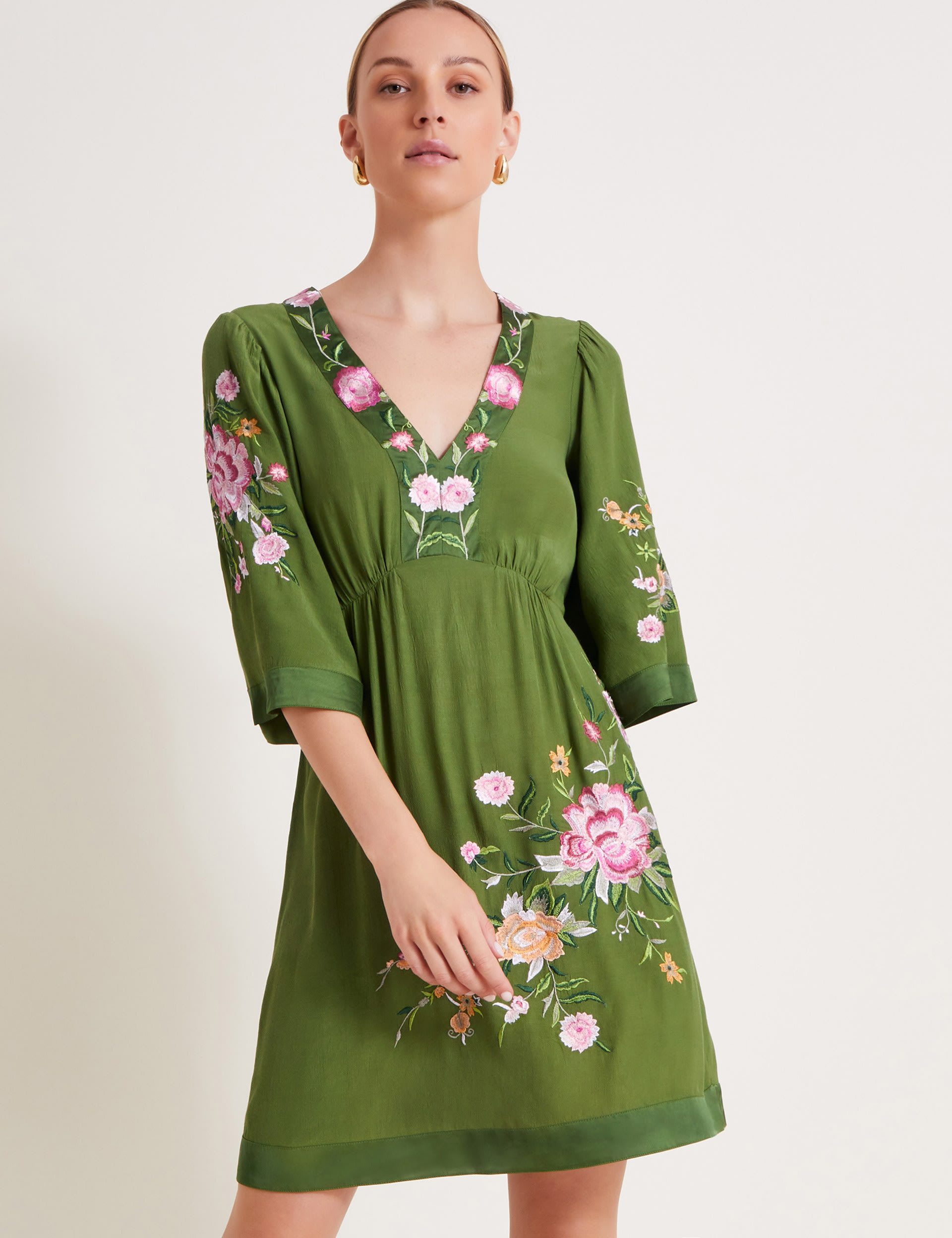 Monsoon Women's Embroidered V-Neck Mini Smock Dress - Green Mix, Green Mix