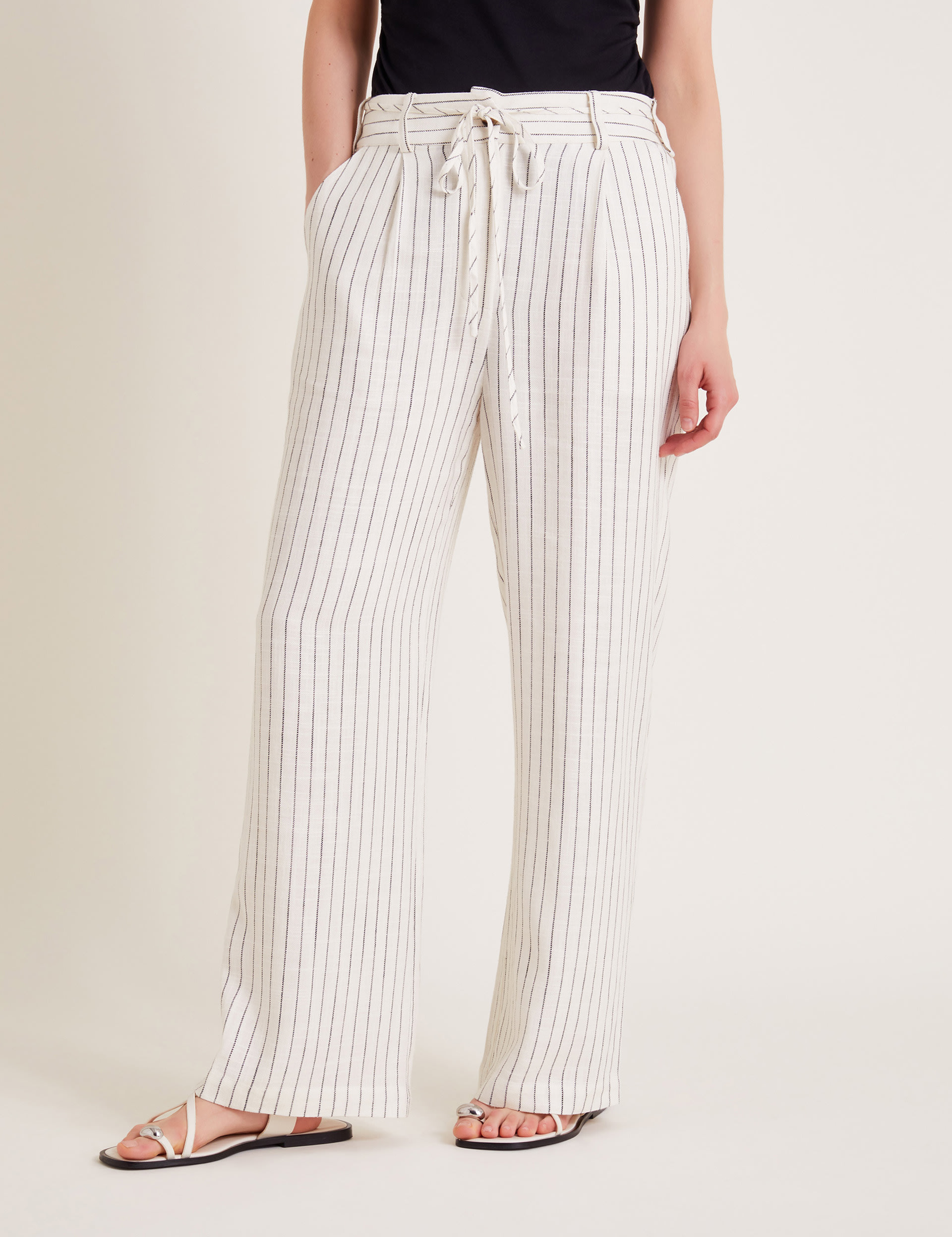 Monsoon Women's Striped Wide Leg Trousers with Linen - XXL - Ivory Mix, Ivory Mix