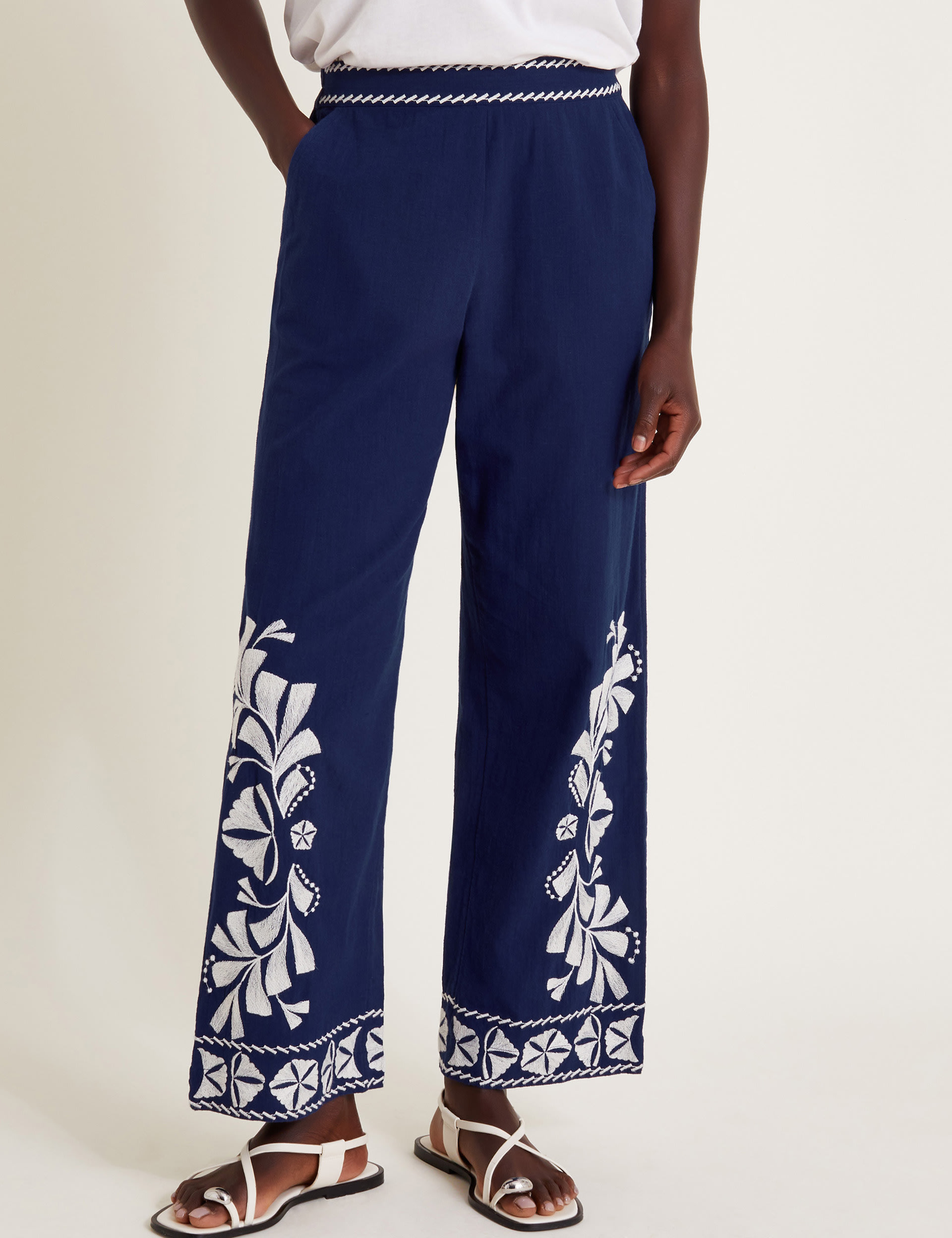 Monsoon Women's Pure Cotton Embroidered Wide Leg Trousers - Navy Mix, Navy Mix