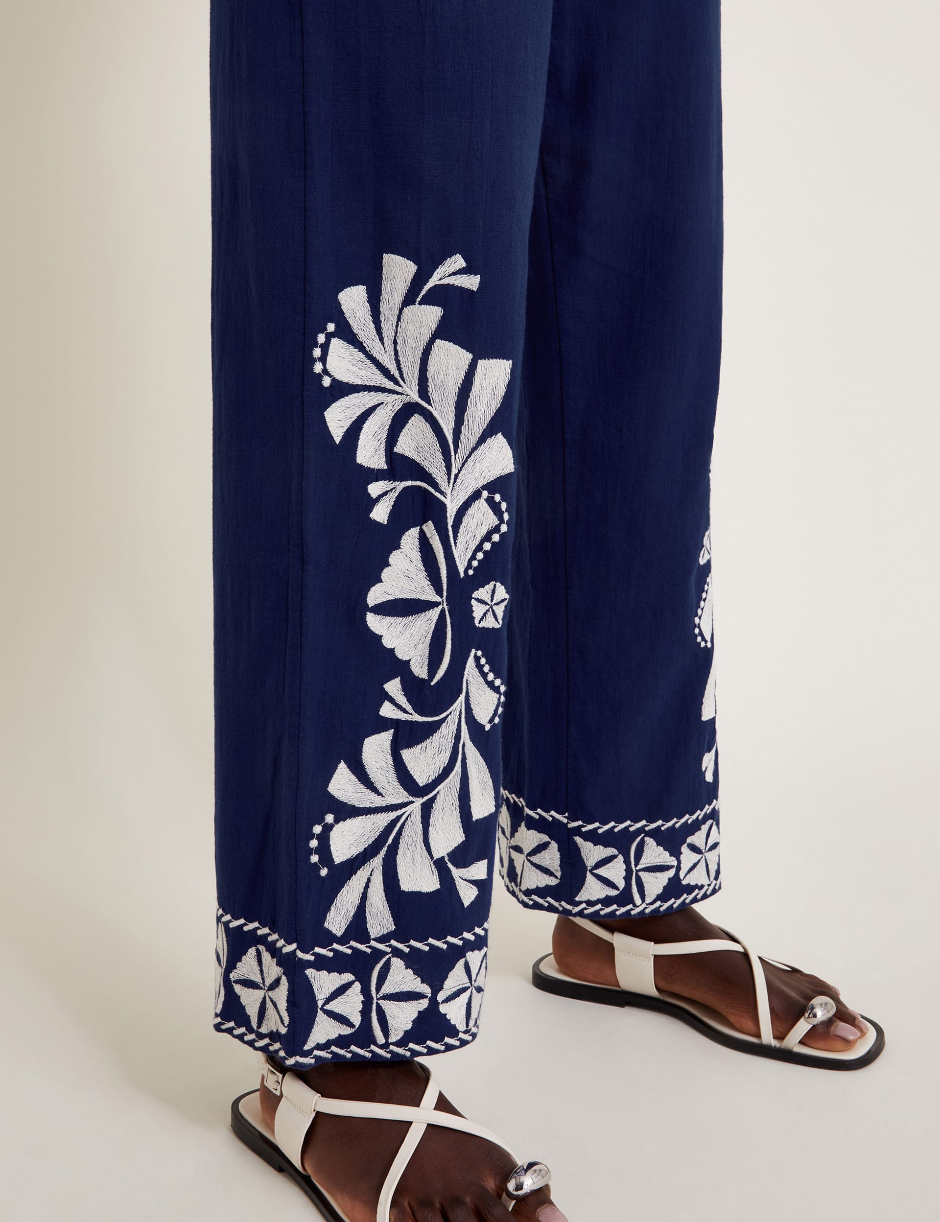 Monsoon Women's Pure Cotton Embroidered Wide Leg Trousers - Navy Mix, Navy Mix