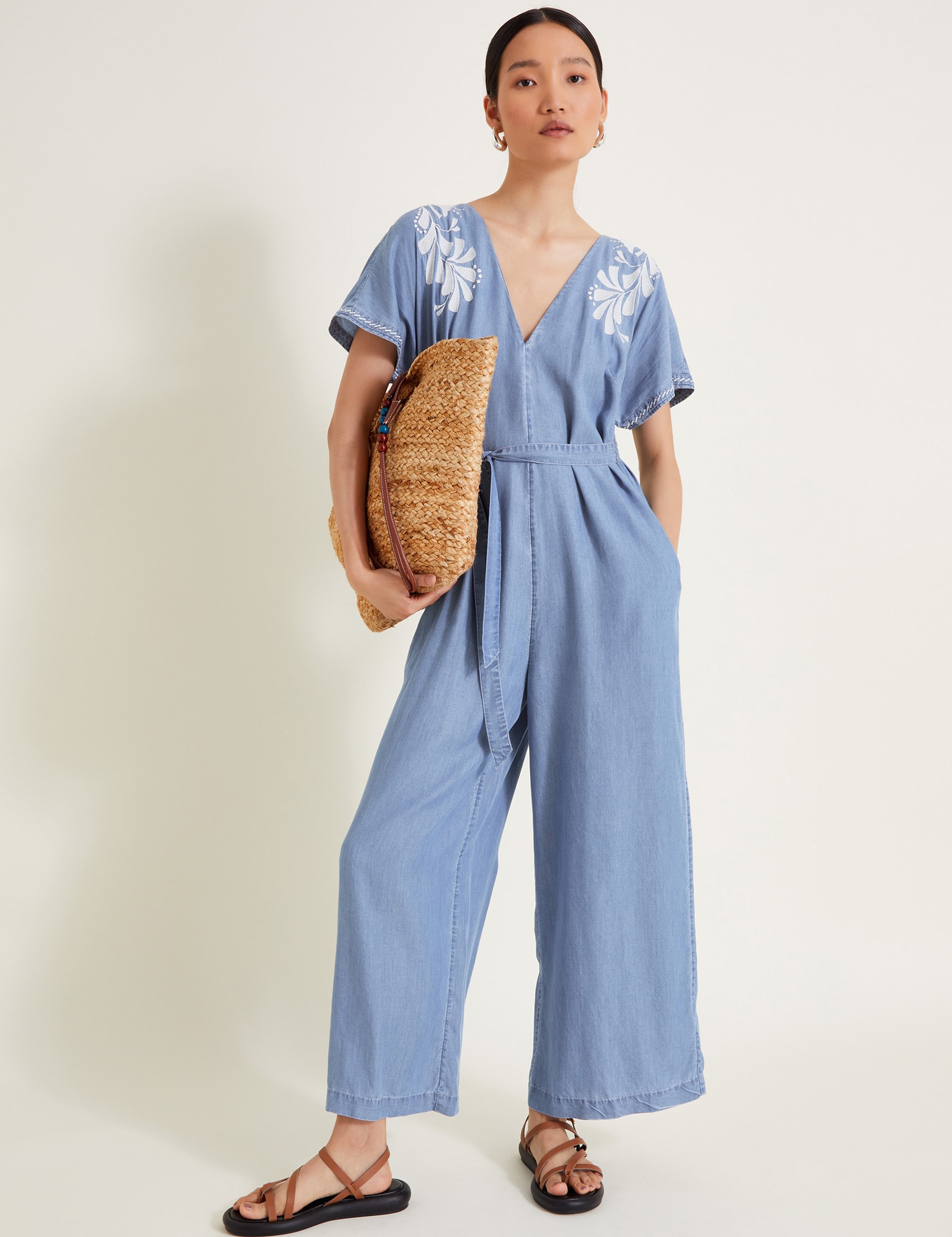 Monsoon Women's Pure Lyocell Embroidered Wide Leg Jumpsuit - 22 - Blue Denim, Blue Denim