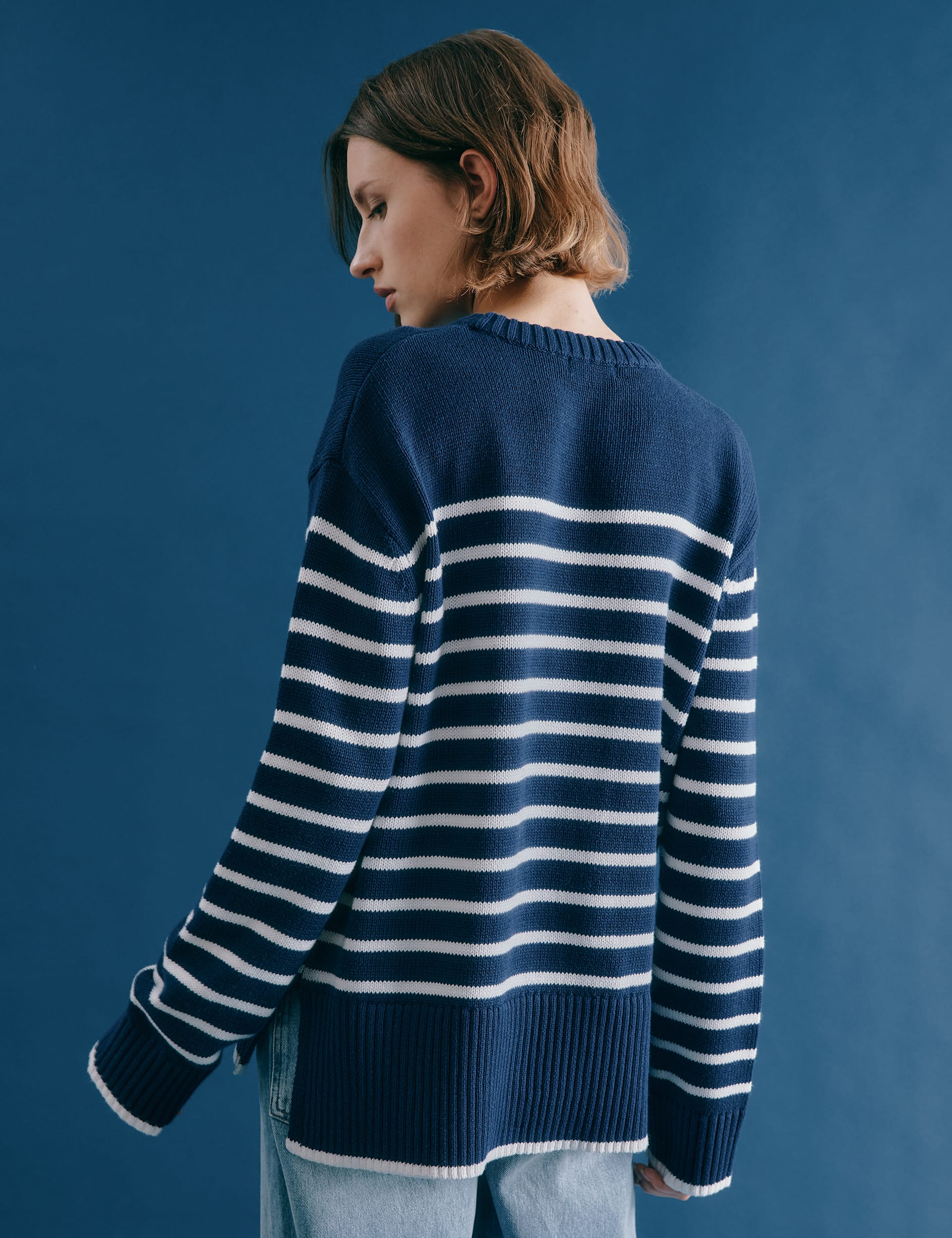 Albaray Women's Pure Cotton Striped Stepped Hem Jumper - 8 - Navy Mix, Navy Mix