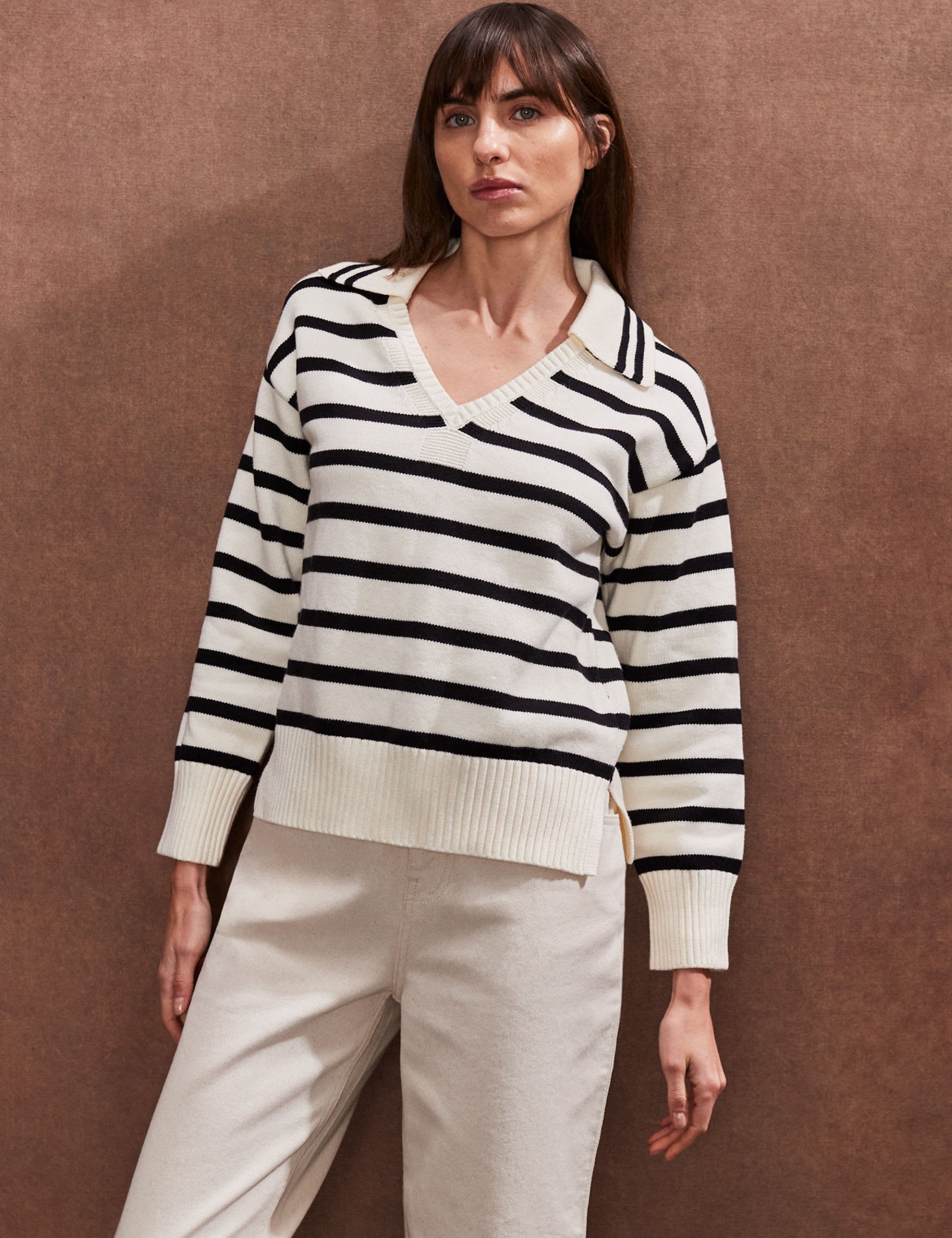 Ro&Zo Women's Cotton Rich Striped Collared Relaxed Jumper - MREG - Cream Mix, Cream Mix