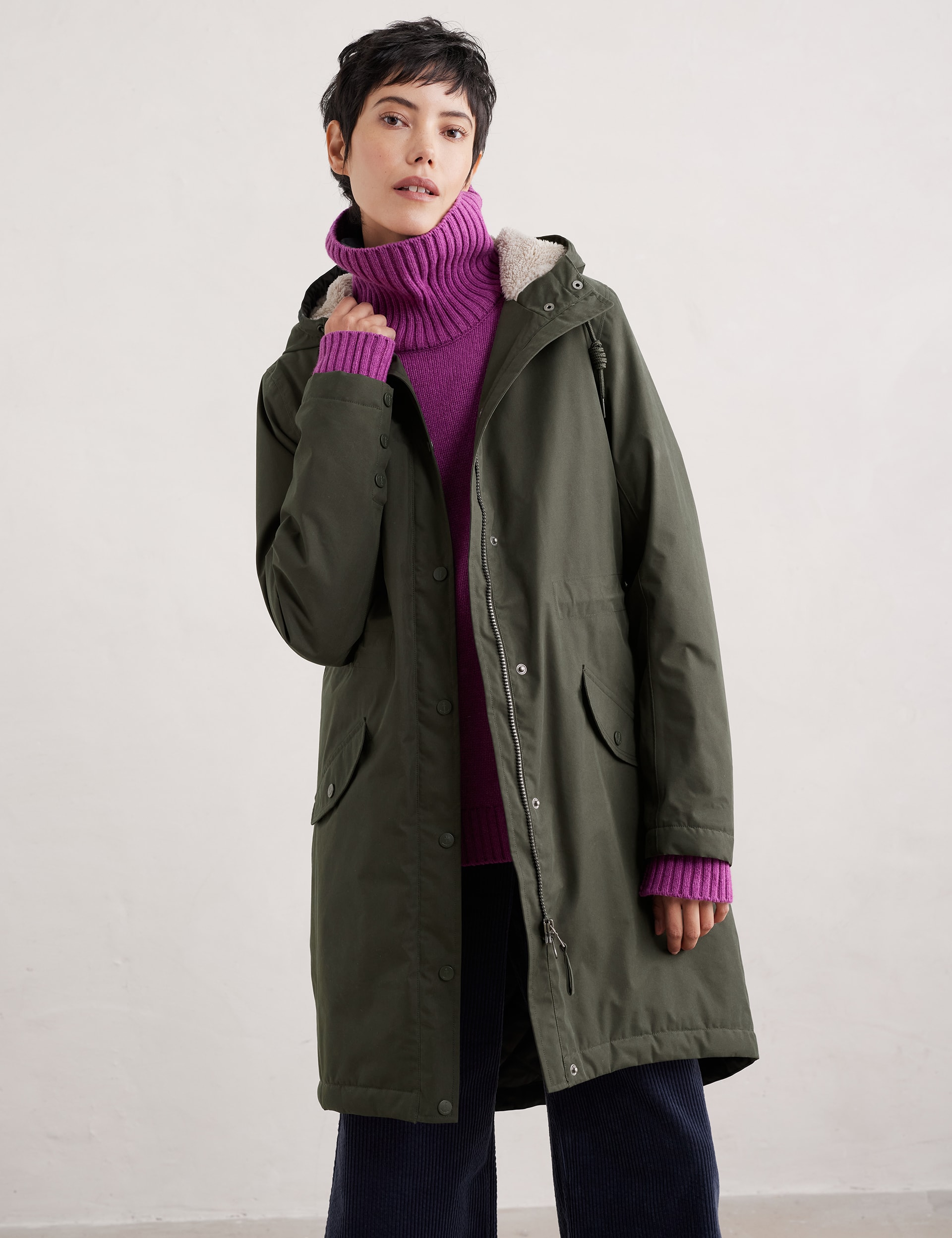 Seasalt Cornwall Women's Cotton Rich Waterproof Longline Parka Coat - 8REG - Green, Green,Black