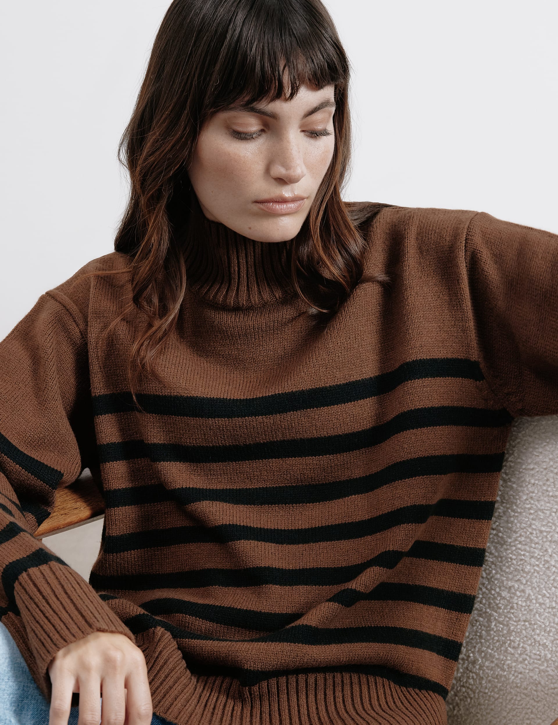 Albaray Women's Striped Funnel Neck Jumper with Wool - 8 - Brown Mix, Brown Mix