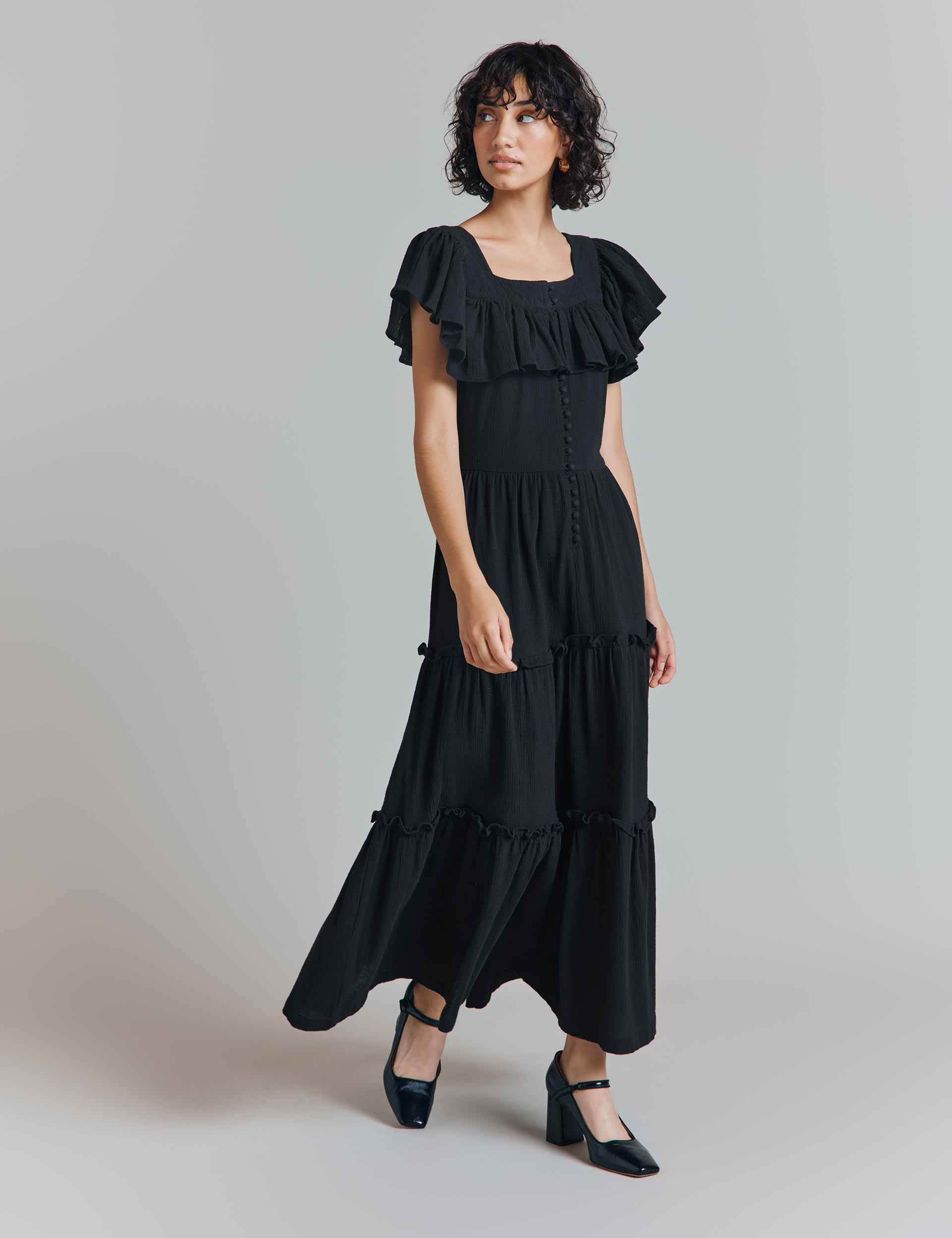 Ghost Women's Pure Cotton Square Neck Cape Midi Tiered Dress - Black, Black