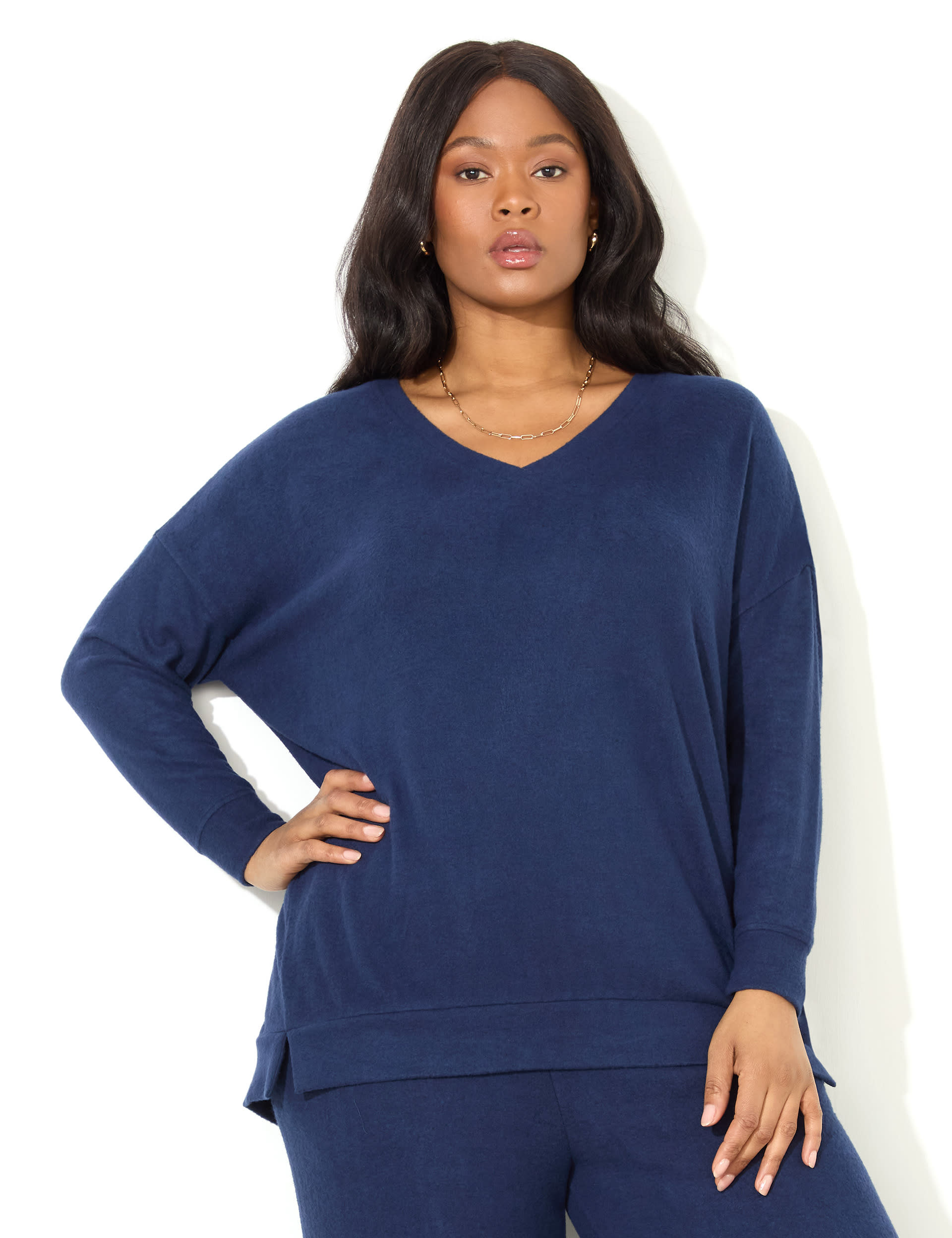 Live Unlimited London Women's Jersey V-Neck Relaxed Longline Top - 18 - Navy, Navy